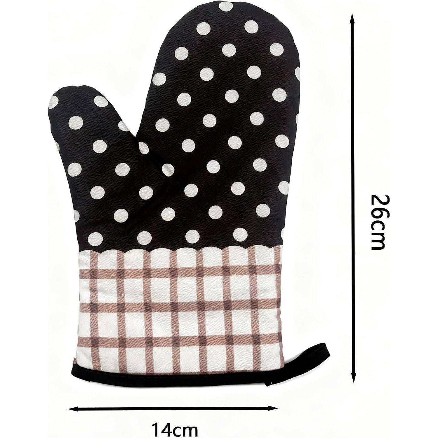 Topflappen mit Polka-Dot-Muster und kariertem Rand, gezeigt mit Größenpfeilen, die 26 cm Höhe und 14 cm Breite andeuten.