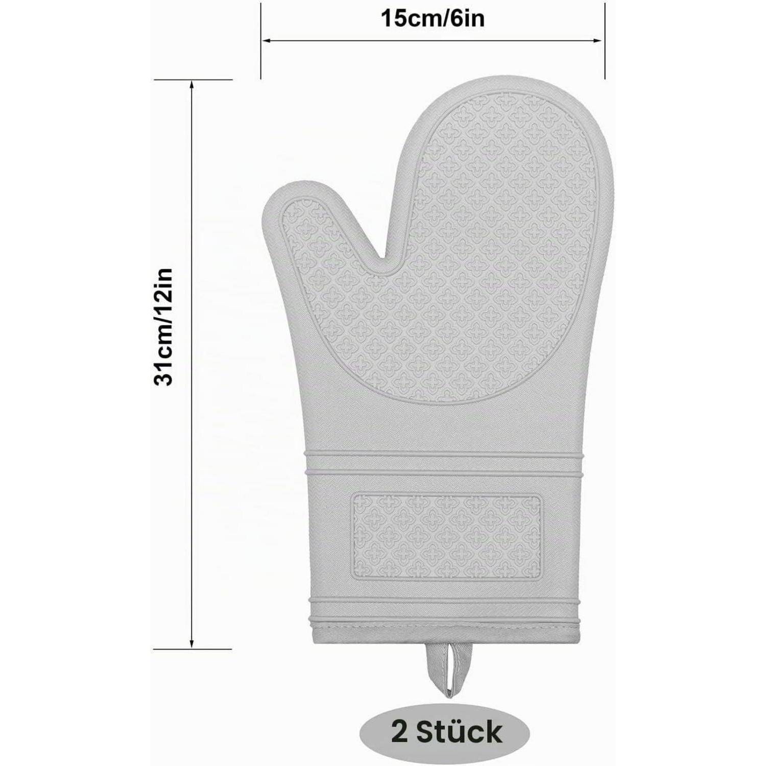 Graue Ofenhandschuh mit einfingrigem Daumen, gezeigt mit Abmessungen von 31 cm/12 Zoll Höhe und 15 cm/6 Zoll Breite; Etikett sagt „2 Stück