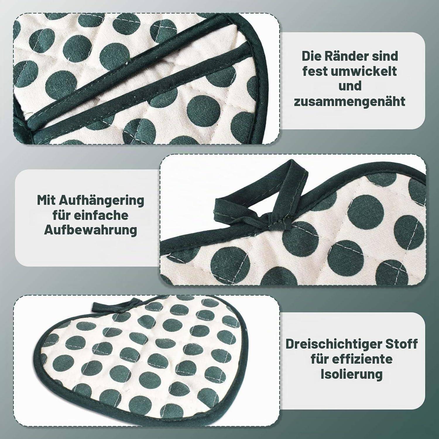 Werbebild einer gesteppten Topflappen oder Ofenhandschuh mit Punktmuster, das gesäumte Kanten, eine Aufhängeschlaufe zur Aufbewahrung und dreischichtiges Isoliermaterial hervorhebt.