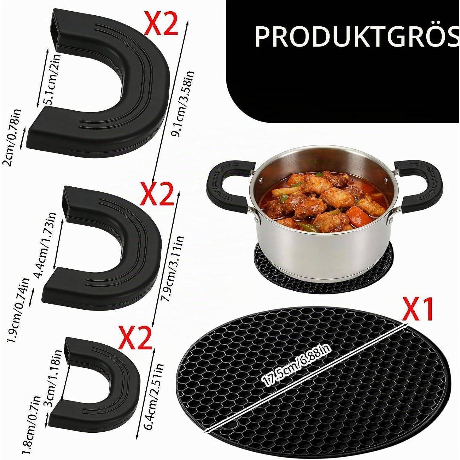 Produktgrößenleitfaden mit drei schwarzen U-förmigen Silikonhenkeln in verschiedenen Größen, plus einem Topf und einer runden Wabenmatte mit beschrifteten Abmessungen und Mengenangaben X2/X1.
