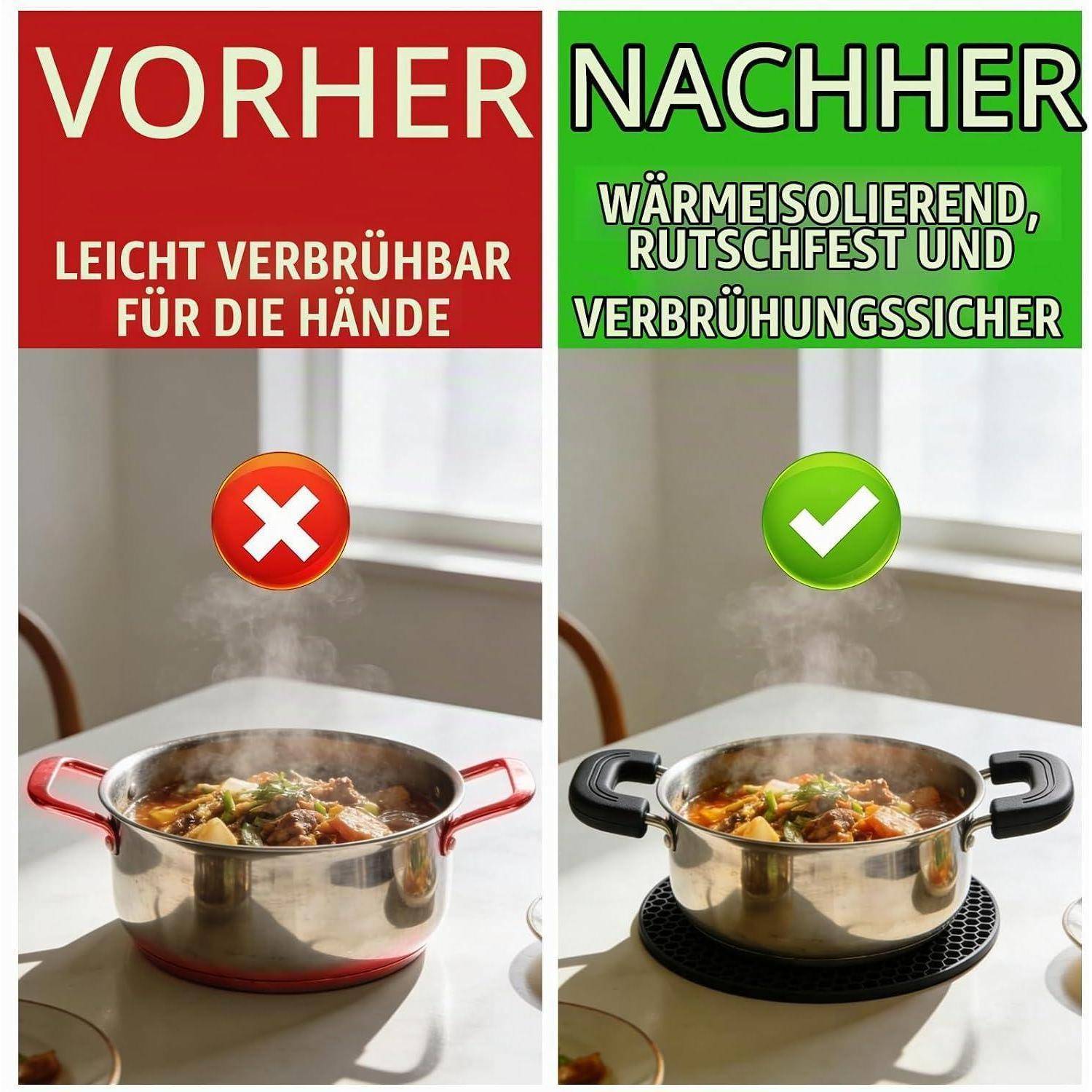 Vorher-Nachher-Vergleich von Topfgriffen: Das linke rote „Vorher