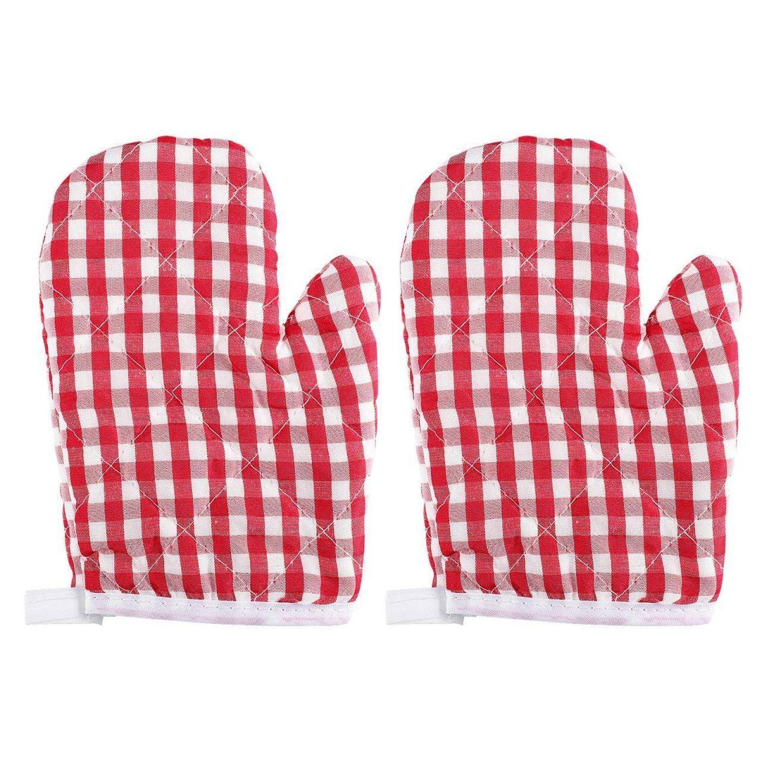 Paar rot-weiß karierter Ofenhandschuhe oder Topflappen, die nebeneinander auf weißem Hintergrund gezeigt werden.