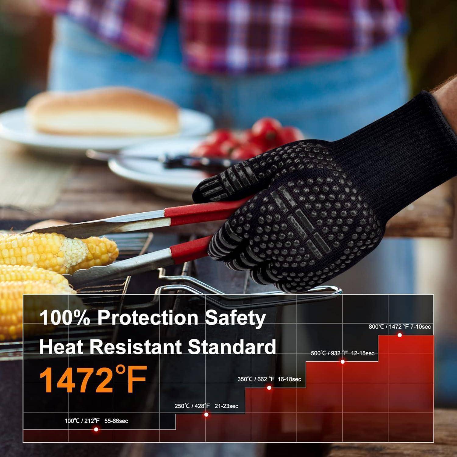 Behandschuhte Hand, die eine Grillzange beim Grillen benutzt; Textüberlagerung sagt „100% Schutz Sicherheit Wärmefest Standard