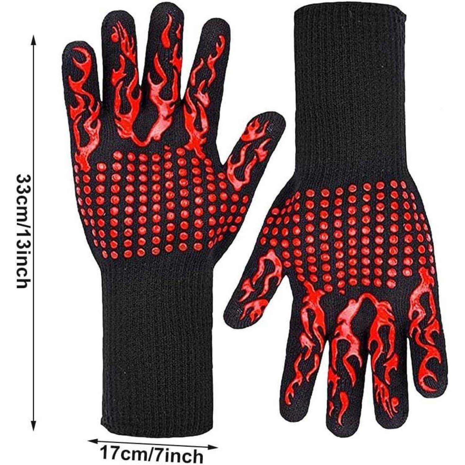 Paar schwarzer hitzebeständiger Handschuhe mit roten rutschfesten Griffpunkten und Flammenmuster, von vorn und hinten gezeigt mit Größe markiert 33cm mal 17cm.