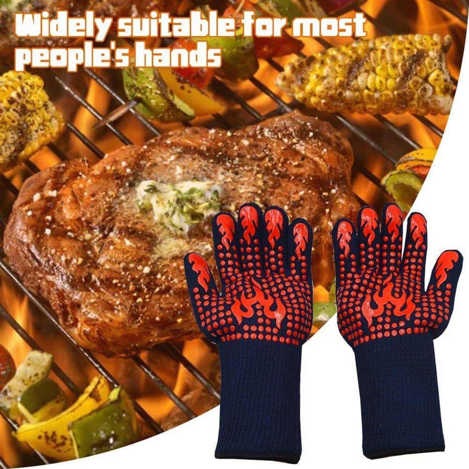 Werbebild von hitzebeständigen Handschuhen vor einem Grill mit Steak und Gemüse; der Text lautet „Weit verbreitet geeignet für die meisten Hände