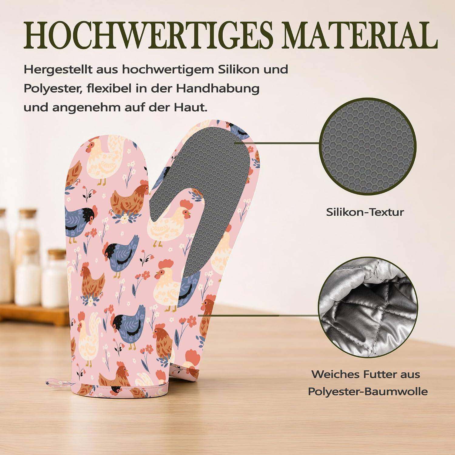 Ofenhandschuh & Topflappen Set 4-teilig Hühner Blumenmuster Hitzebeständig
