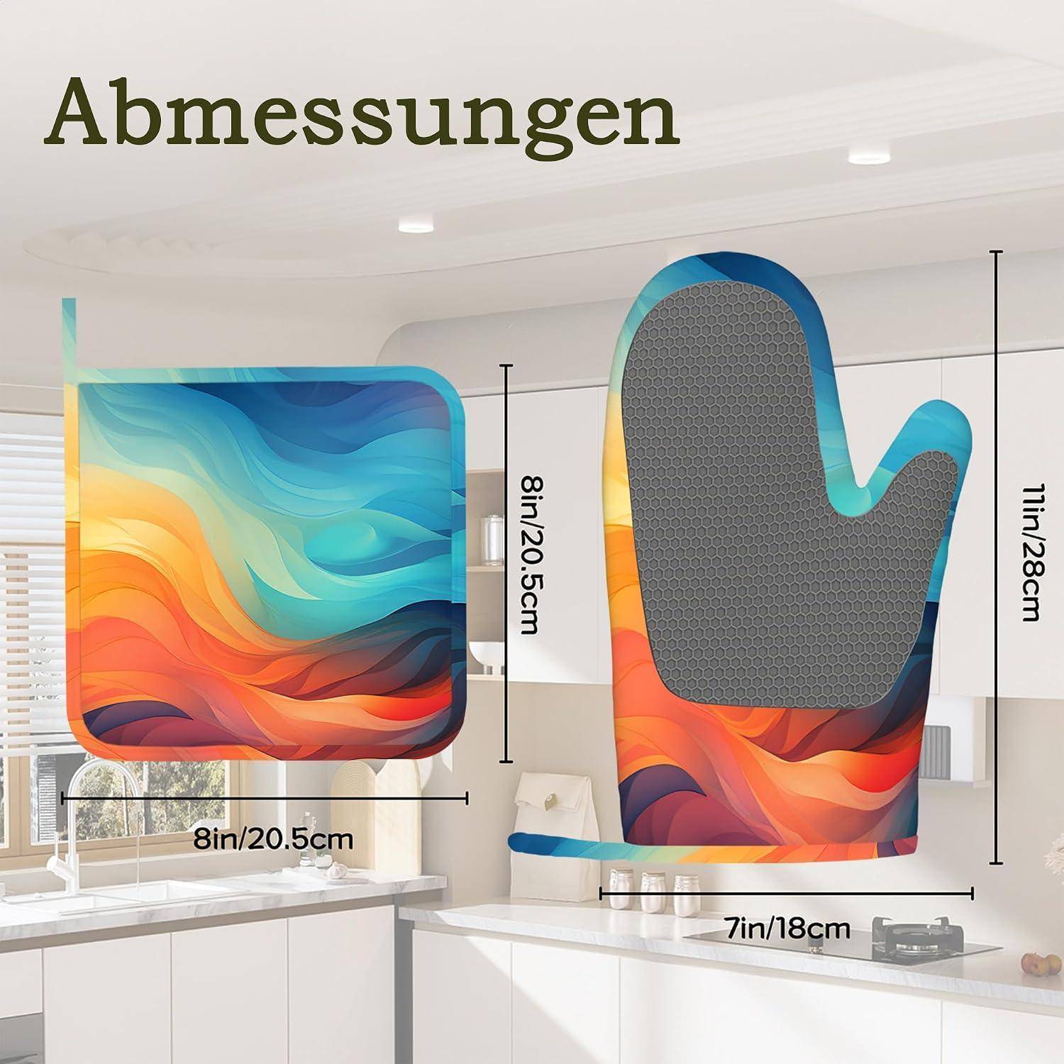 Küchentextilien-Größentabelle mit dem Titel 'Abmessungen', die die Maße von Topflappen zeigt: quadratisch 8 Zoll/20,5 cm und Handschuh 11 Zoll/28 cm, mit 7 Zoll/18 cm Breite.