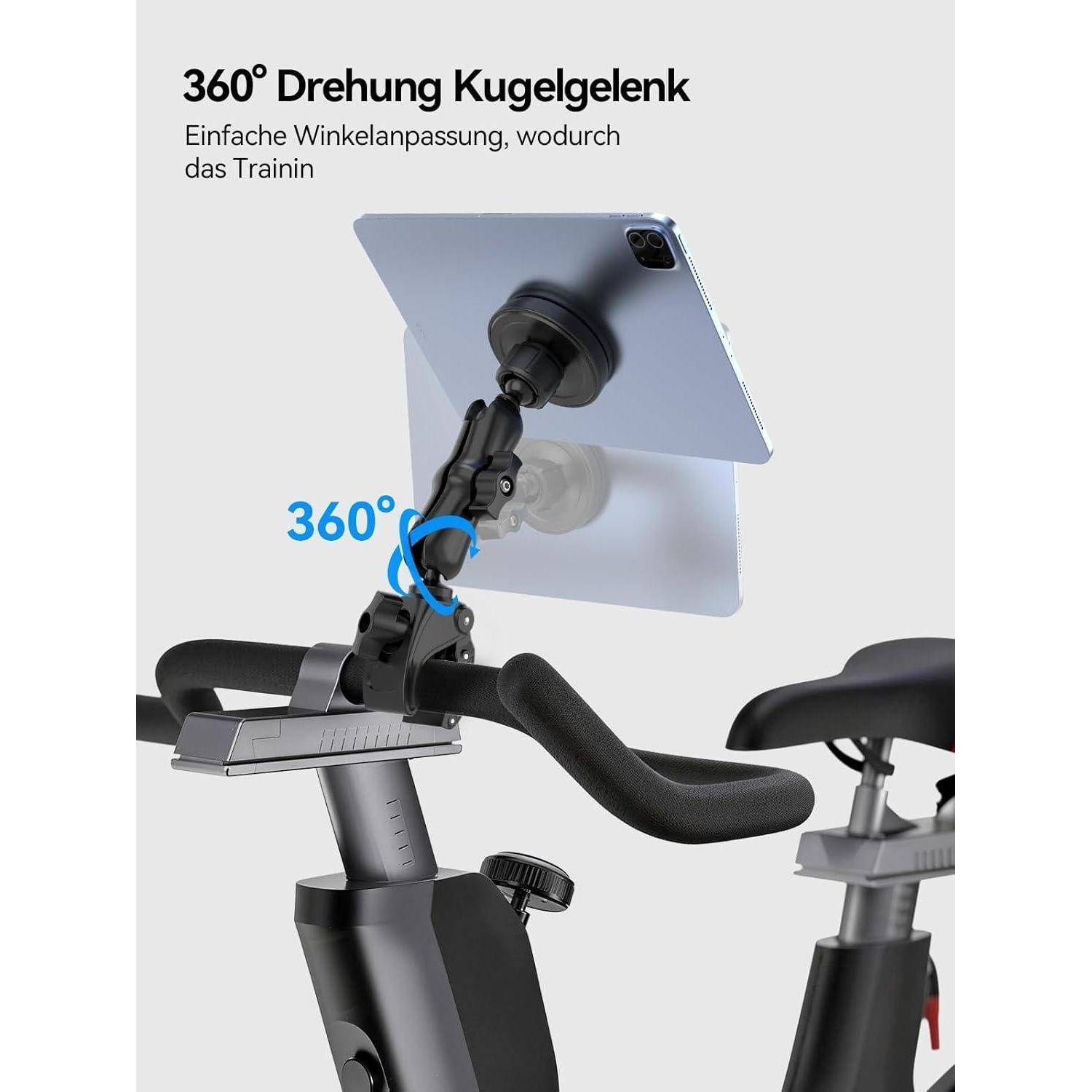 Heimtrainer-Lenker-Tablet-Halterung mit 360°-Kugelgelenk, ermöglicht einfache Winkelverstellung zum Betrachten eines Geräts während des Trainings.