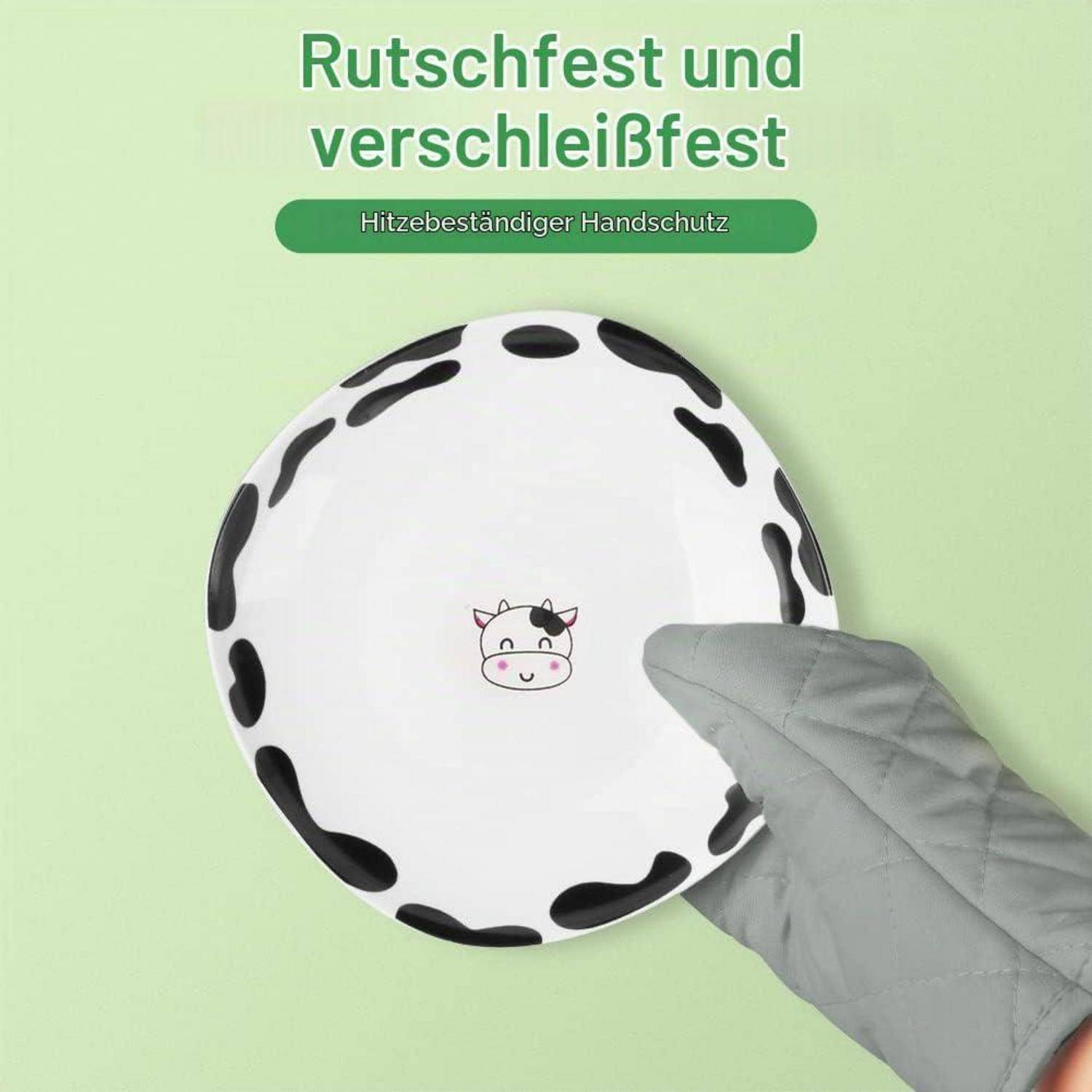 Anzeige für einen rutschfesten, verschleißfesten Handschuh, der einen weißen Teller mit schwarzen Kuhflecken hält; der Text lautet „Rutschfest und verschleißfest