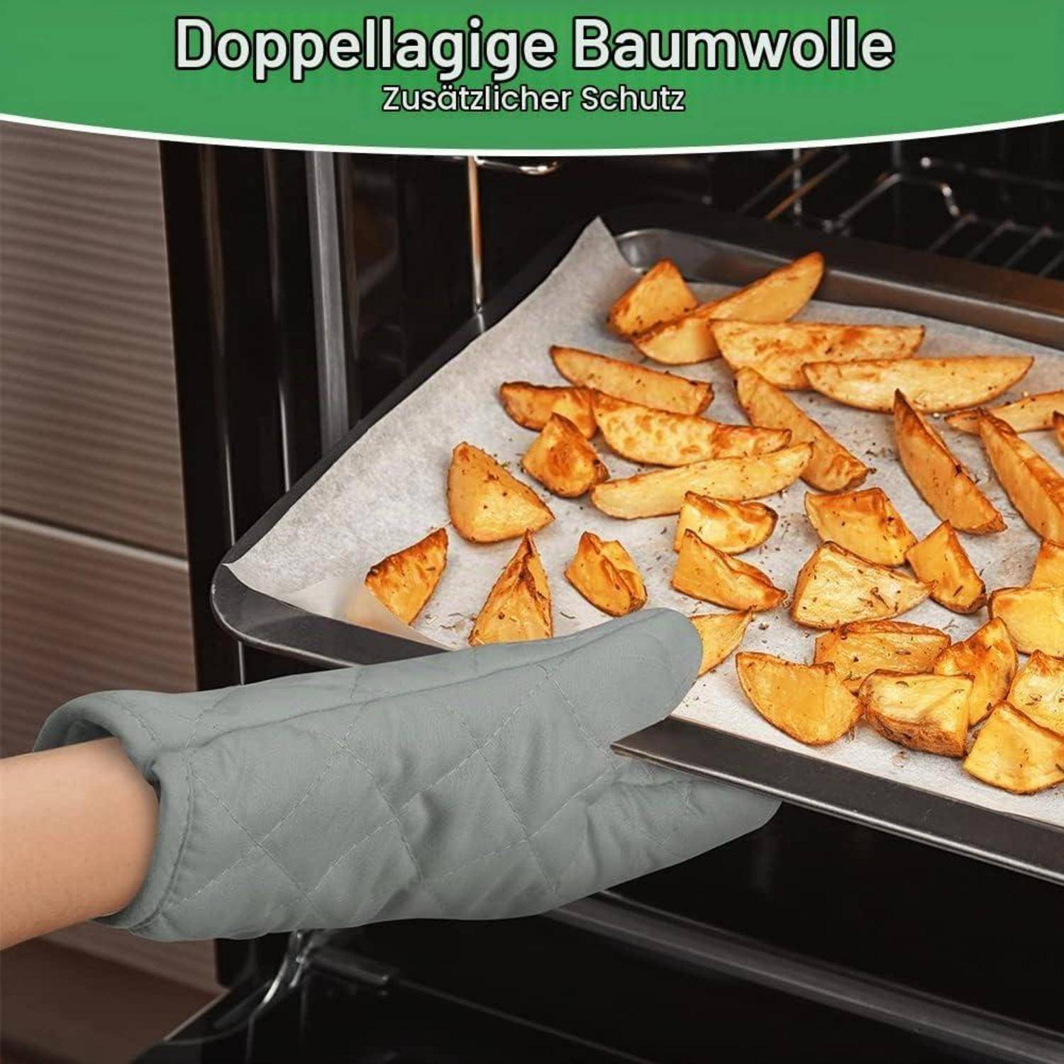 Ofenhandschuh hält ein Tablett mit gebackenen Kartoffelkeil; Text lautet „Doppellagige Baumwolle
