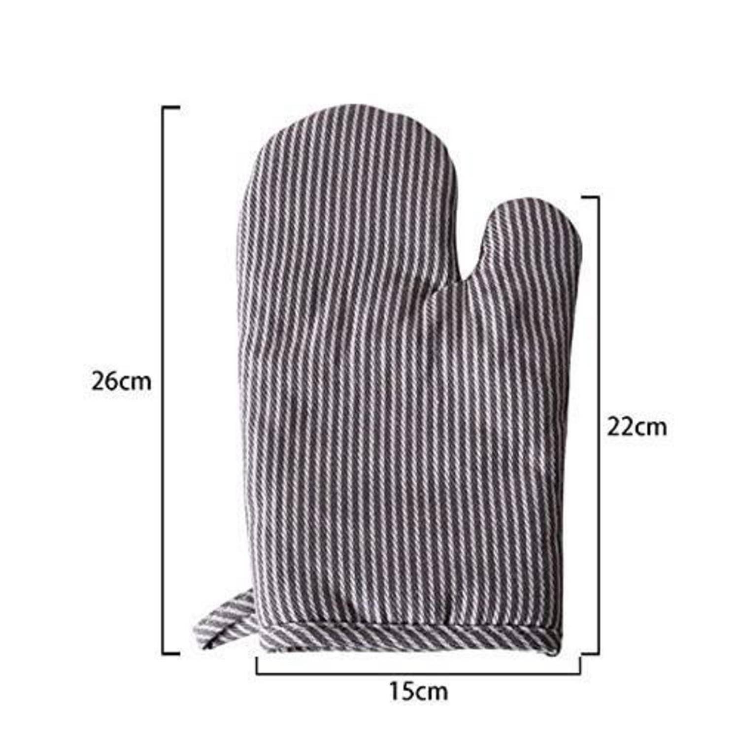Gestreifter Ofenhandschuh mit Einfingerdesign, gezeigt mit Maßen: 26 cm hoch, 22 cm hoch auf der rechten Seite und 15 cm breit.