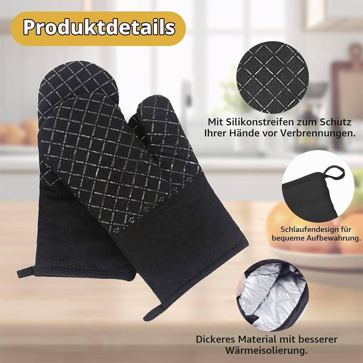 Produktdetailbild von schwarzen Ofenhandschuhen mit Silikon-Griffstreifen, Schlaufe zum Aufhängen und dicker isolierter Auskleidung zum Wärmeschutz und zur Lagerung.