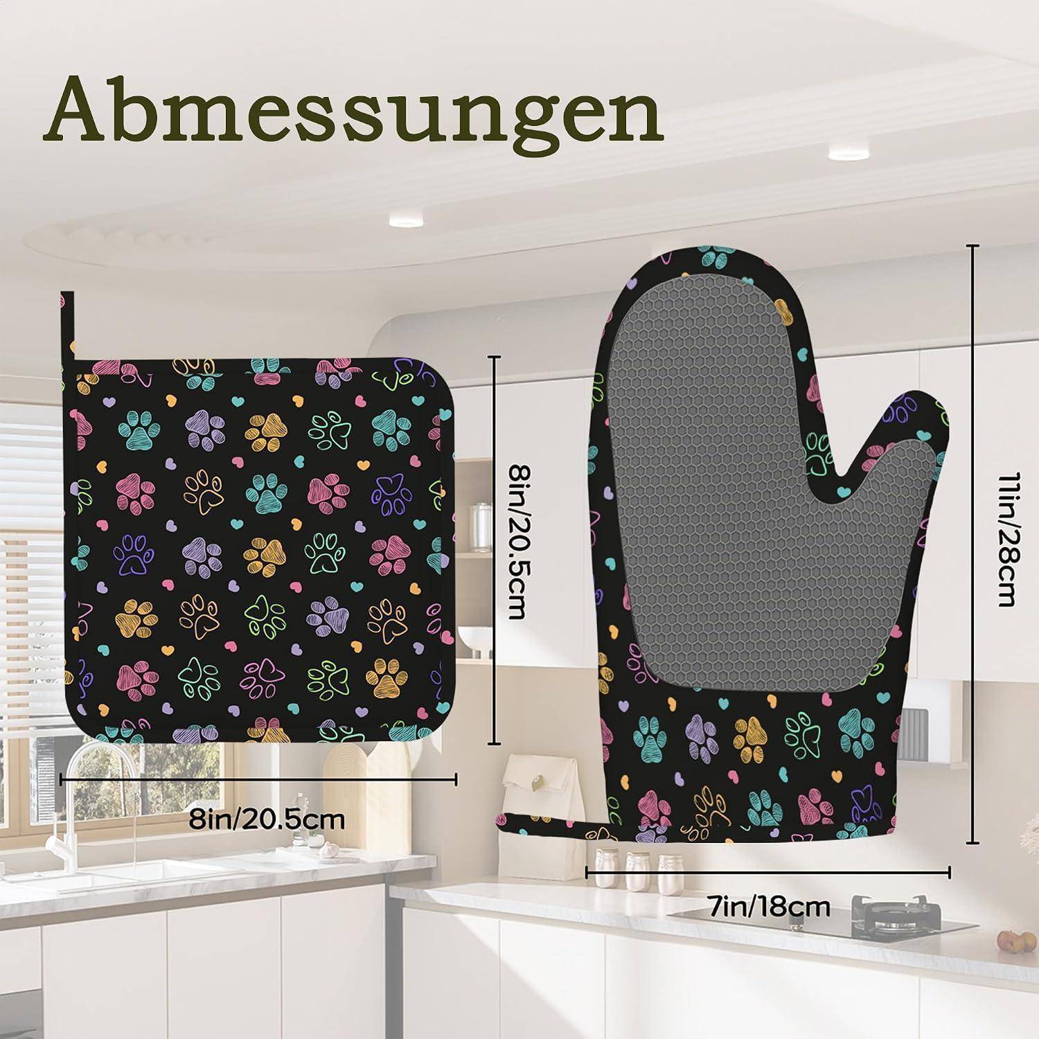 Größentabelle für Produkte mit der Bezeichnung 'Abmessungen', die einen Ofenhandschuh mit Pfotendruck und ein passendes quadratisches Topflappen zeigt, mit Abmessungen in Zoll und cm: Handschuh 11x28cm, Topflappen 8x20,5cm, Breite 7 Zoll/18cm.