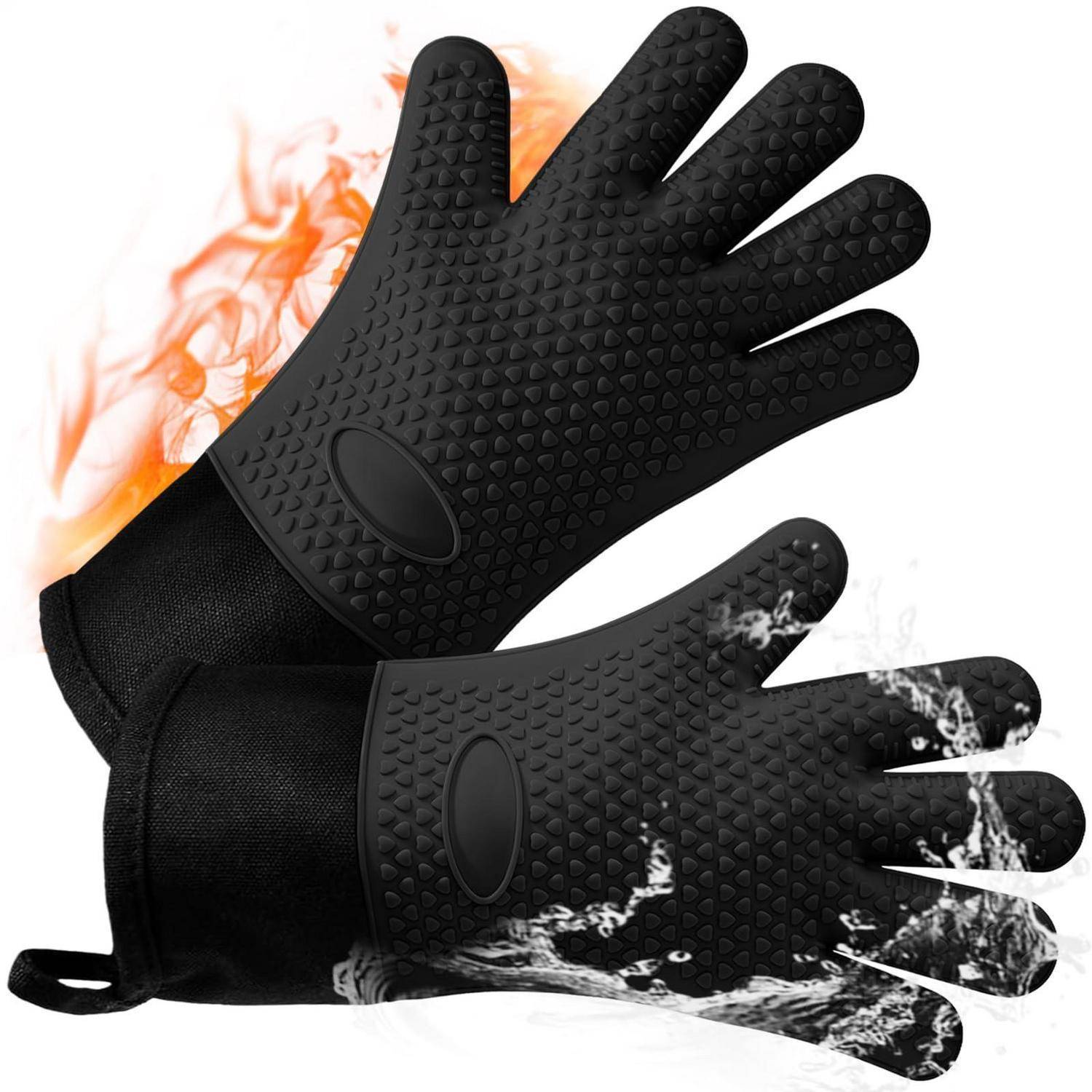 Paar schwarze hitzebeständige Handschuhe, dargestellt mit Flammen und Wasserspritzern, die den Schutz bei heißem und nassem Handling anzeigen.