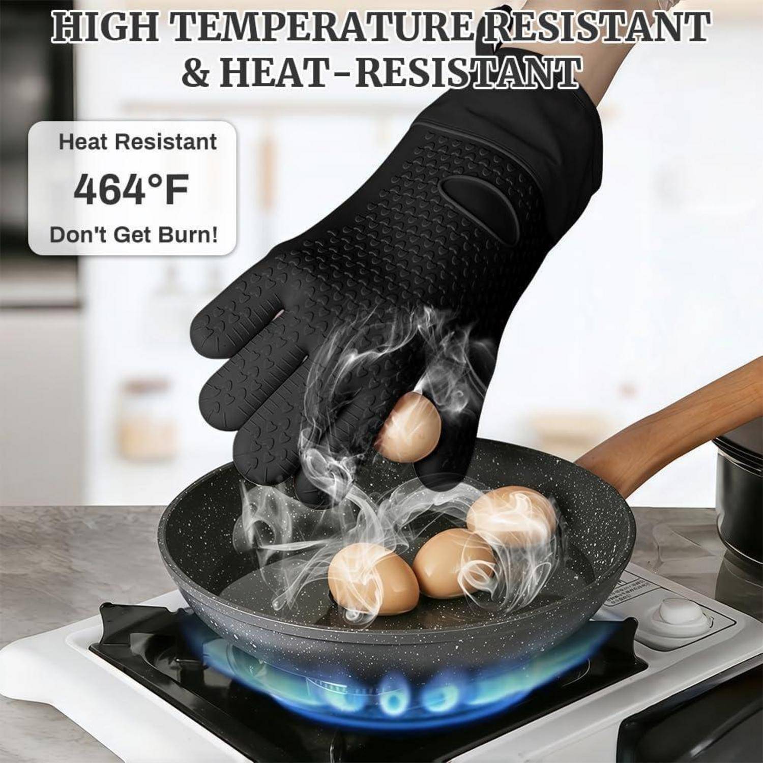 Hitzebeständiger Ofenhandschuh, der Eier über einer dampfenden Bratpfanne auf einem Gasherd hält; der Text sagt „Hitzebeständig 464°F Nicht verbrennen!
