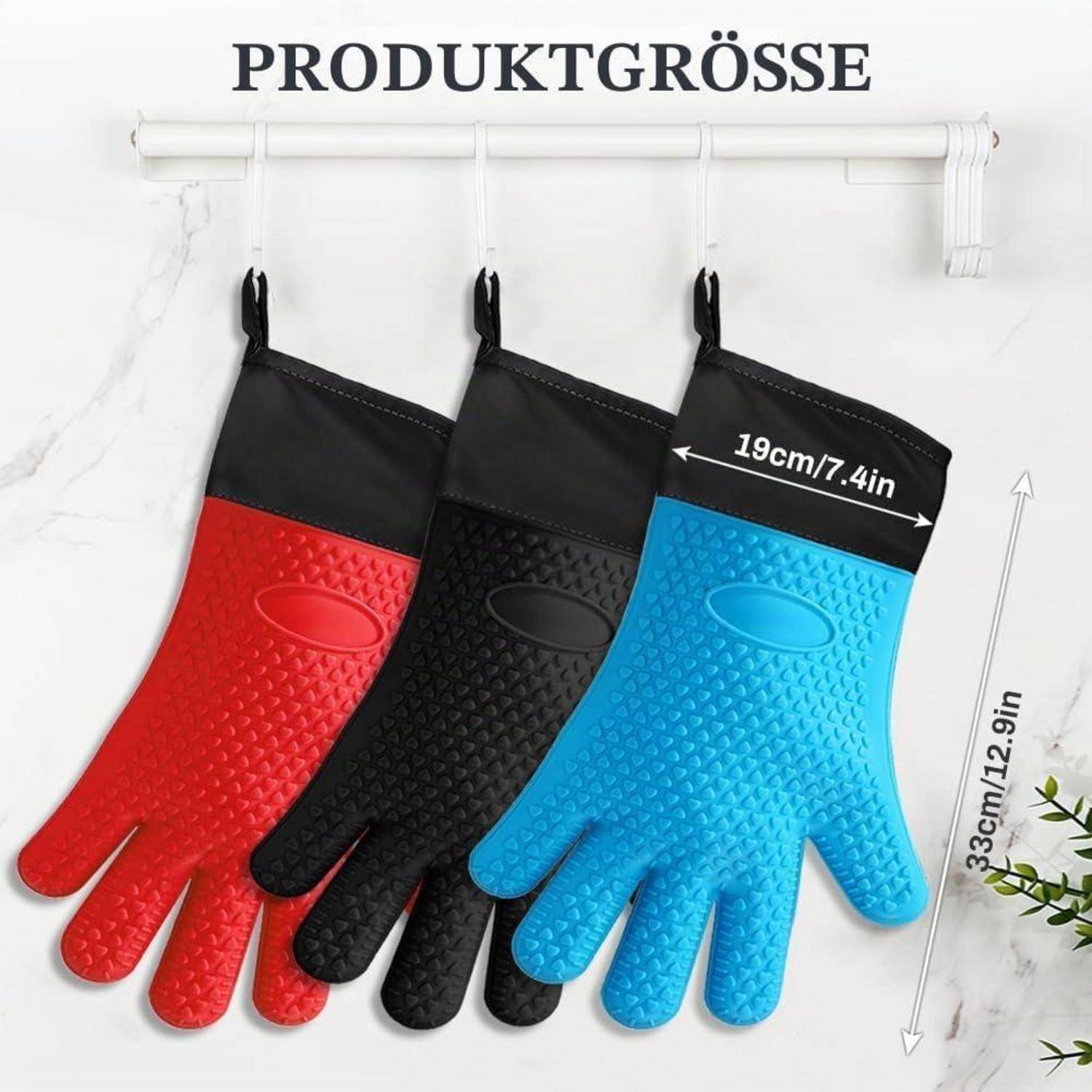 Bild zeigt drei strukturierte Ofenhandschuhe in Rot, Schwarz und Blau, beschriftet mit 