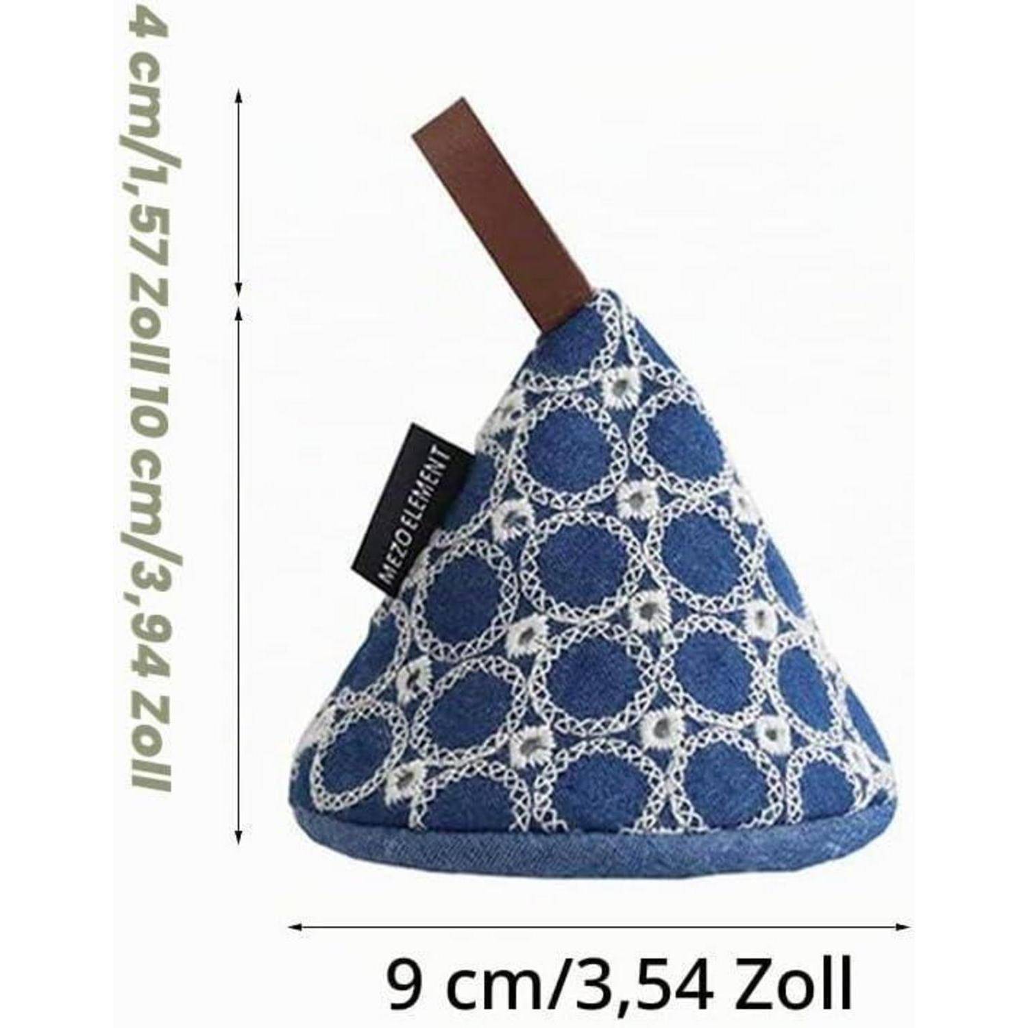 Blaugemusterter kegelförmiger Beutel mit brauner Schlaufenhenkel, beschriftet mit 9 cm Breite und 10 cm Höhe.