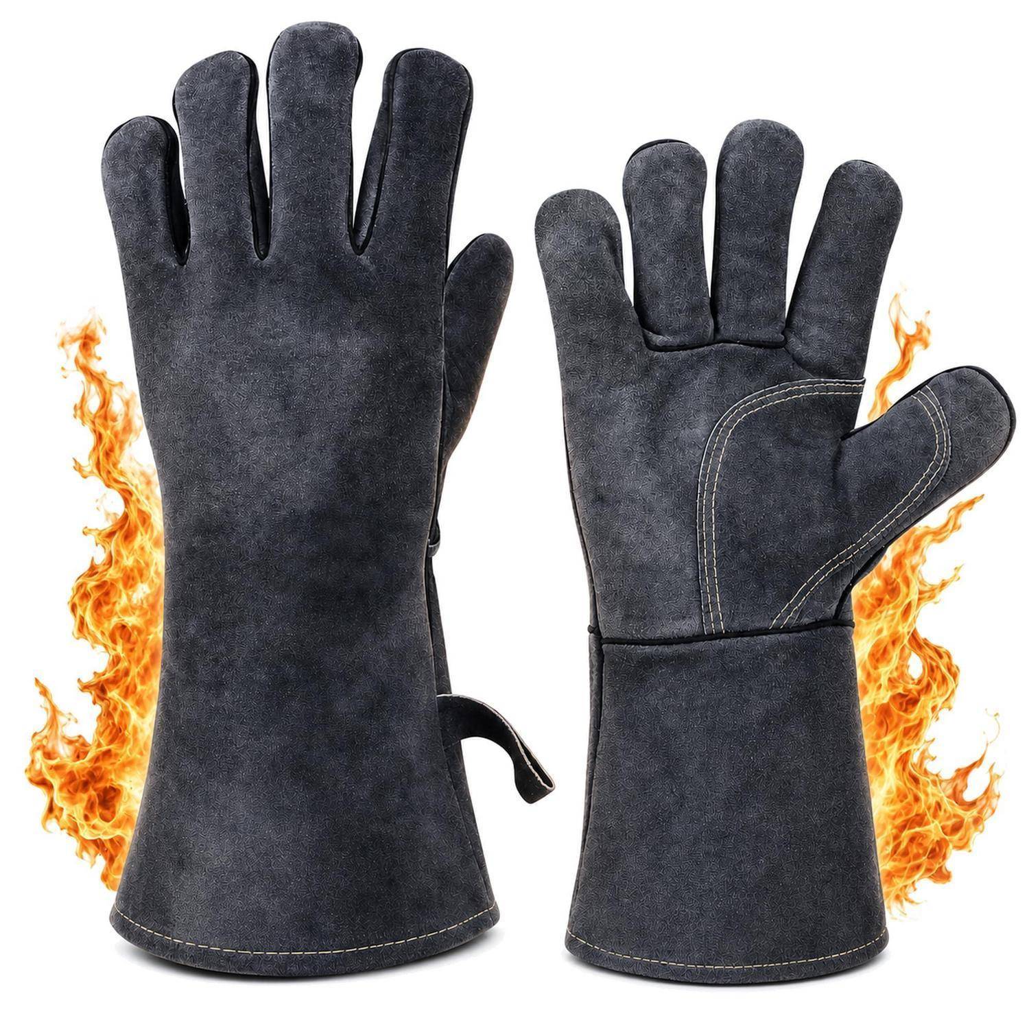 Paar schwarze hitzebeständige Schweißhandschuhe mit Flammen dahinter, gezeigt auf Vorder- und Handfläche auf weißem Hintergrund.