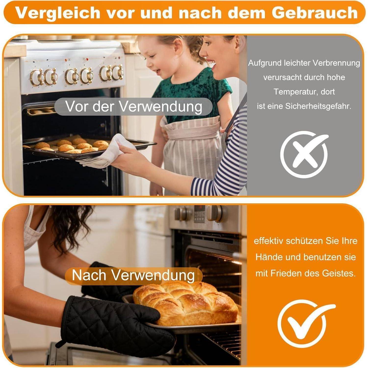 Ofensicherheit Vorher-und-Nachher-Grafik: Vor der Verwendung entfernen bloße Hände heiße Lebensmittel mit einer Brandschutzwarnung; nach der Verwendung schützt ein Ofenhandschuh die Hände und ist als sicher gekennzeichnet.