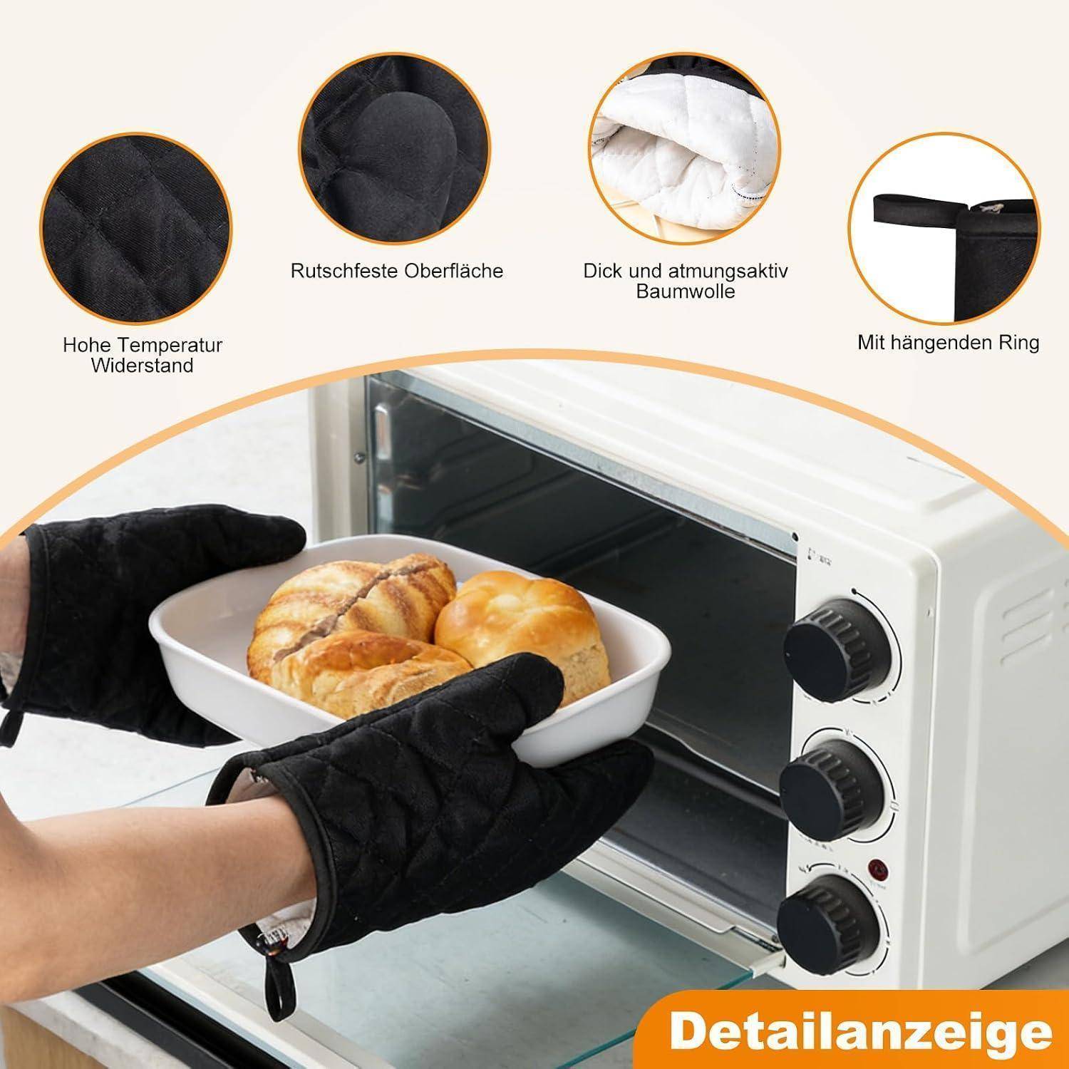 Hände in schwarzen hitzebeständigen Ofenhandschuhen legen eine Schüssel mit gebackenen Brötchen in einen Toasterofen; deutsche Beschriftungen heben die Temperaturbeständigkeit, die Baumwollauskleidung und die Aufhängeschlaufe hervor.