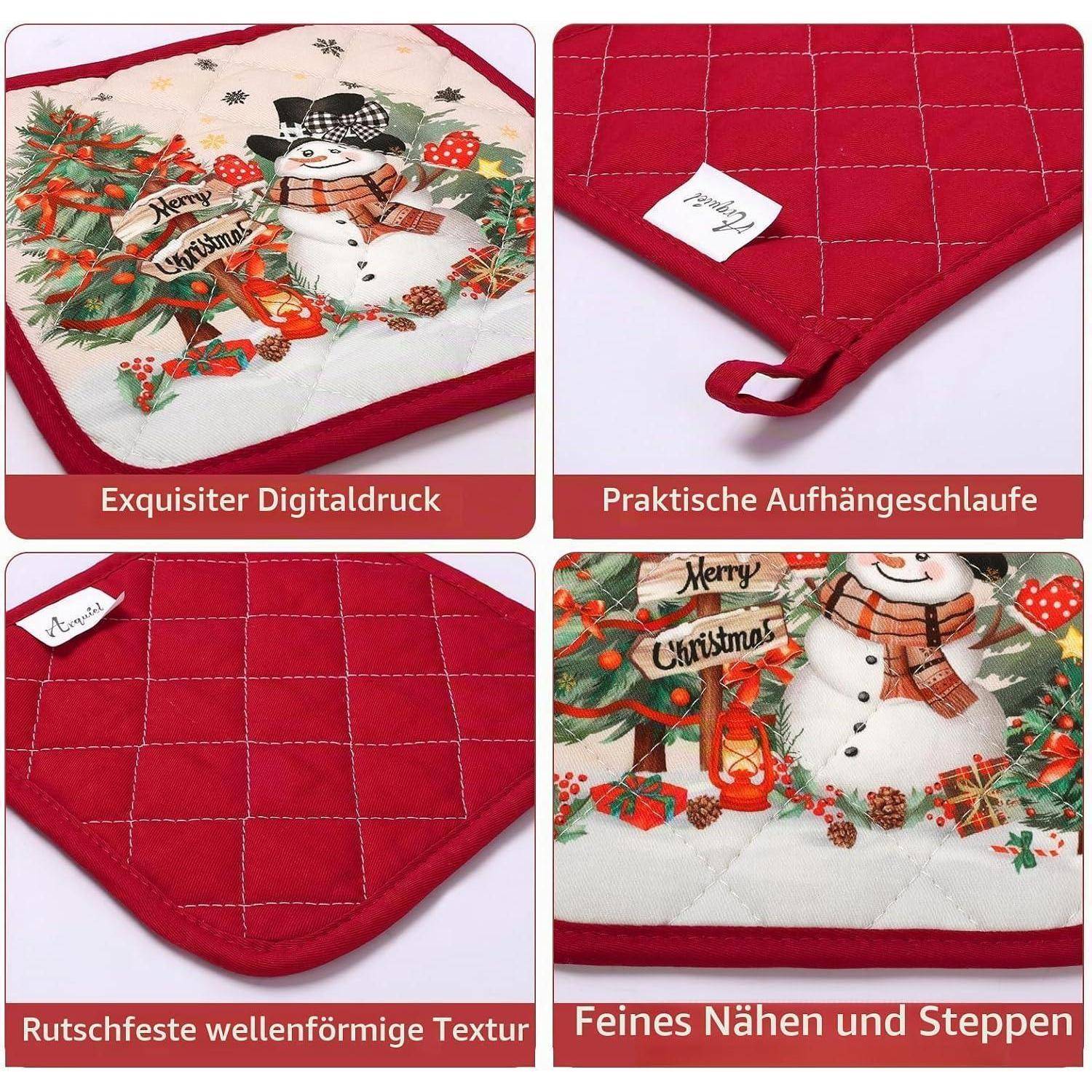 Weihnachtsthematische gesteppte Platzdecke mit Schneemann-Druck, rote Rückseite und Aufhängerschleife, dargestellt in vier nahaufnahmen mit deutschen Funktionsetiketten.