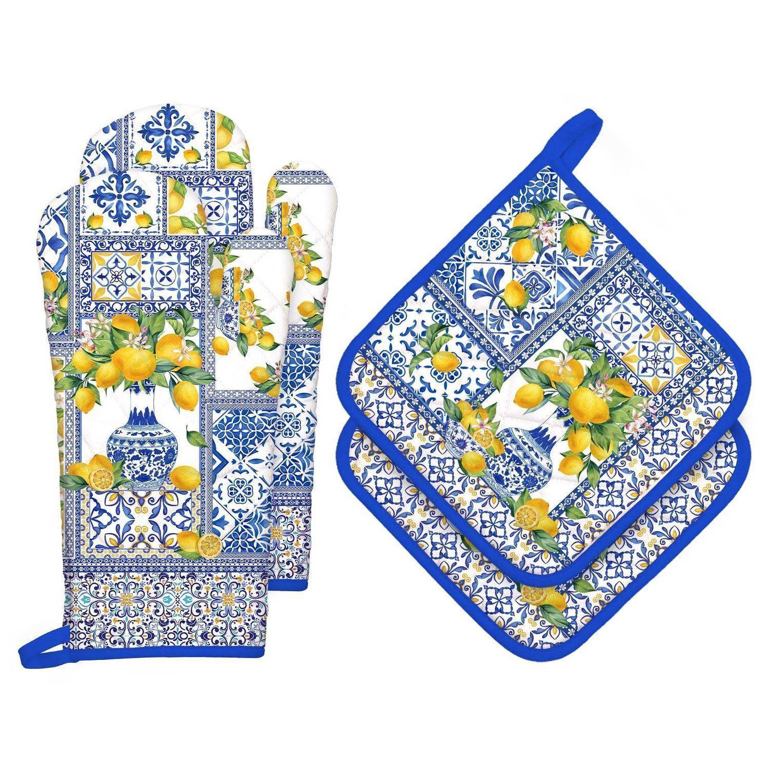 Blau-weißes Zitronenmuster-Ofenhandschuh und passender Topfhalter mit blauem Rand auf weißem Hintergrund.