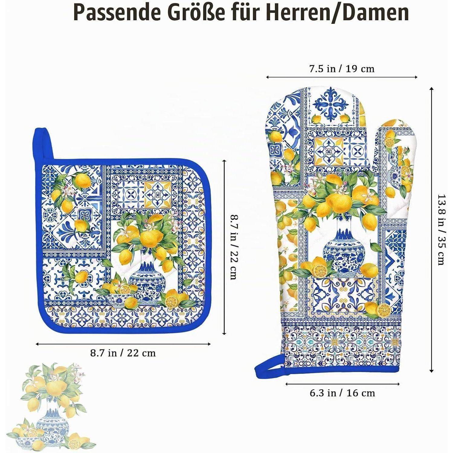Größenleitfaden für Ofenhandschuh und Topflappen: Handschuh 13,8 x 6,3 Zoll (35 x 16 cm), Topflappen 8,7 x 8,7 Zoll (22 x 22 cm); Zitronenkachel-Design.