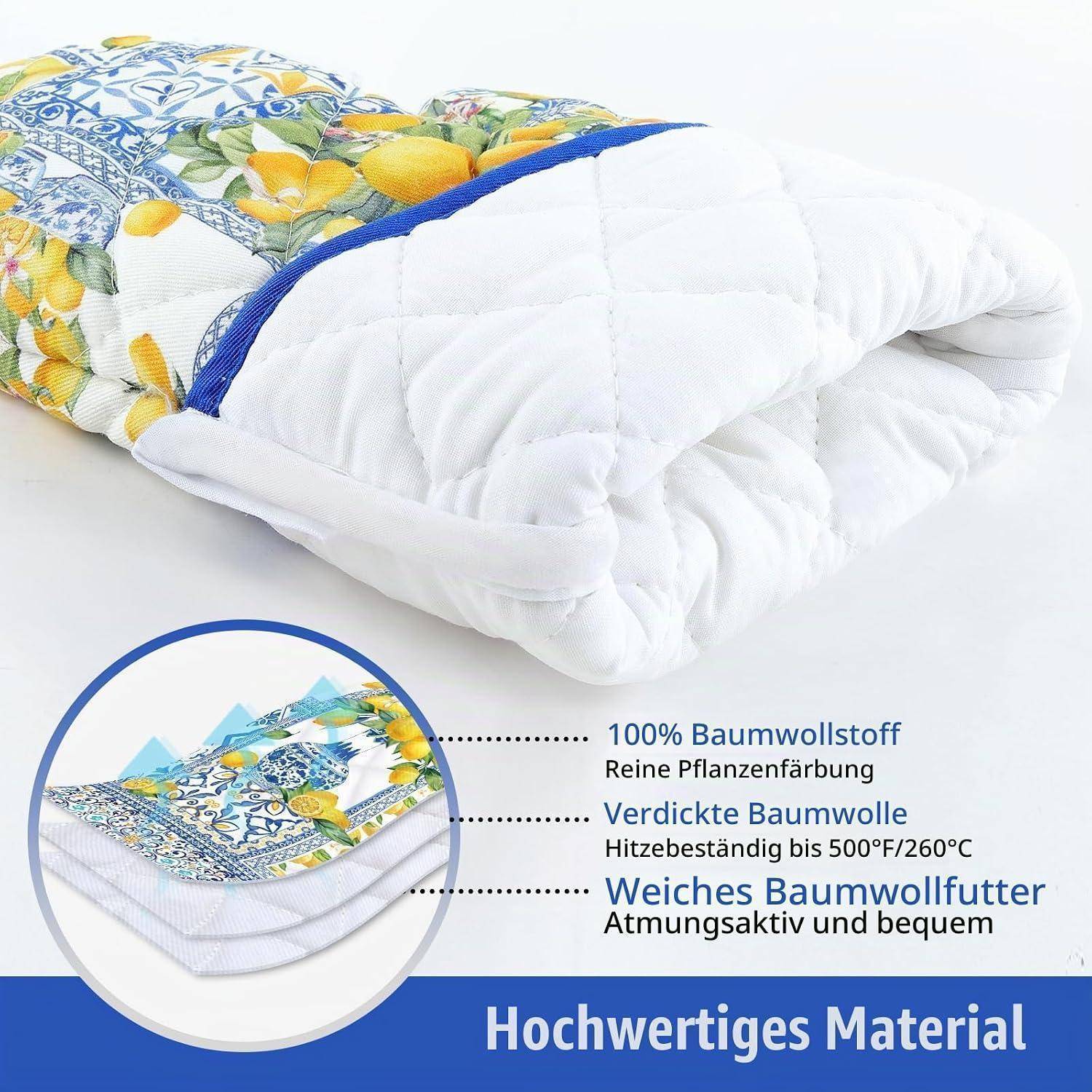 Produktbild einer gesteppten weißen Matratzenauflage mit farbenfrohem gemustertem Oberstoff, gekennzeichnet mit deutschen Angaben zu hochwertigen Materialien: 100% Baumwolle, pflanzengefärbt, hitzebeständig, weiches Baumwollfutter, atmungsaktiv und komfortabel.