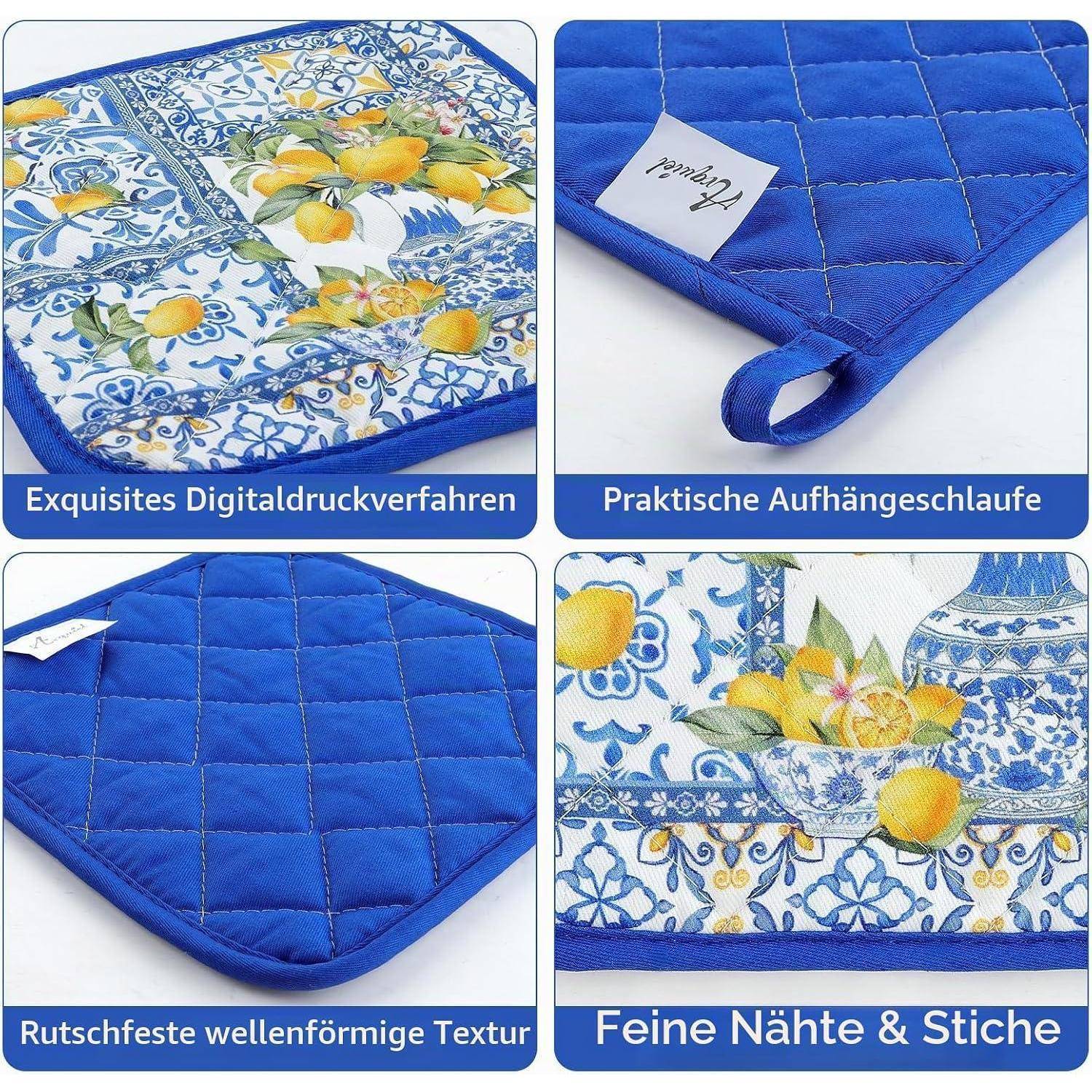 Blaues gestepptes Topflappen-Set mit Zitrus- und blauem Fliesendruck, Aufhängerschlaufe, rutschfeste Wellentextur und gesäumte Kanten.
