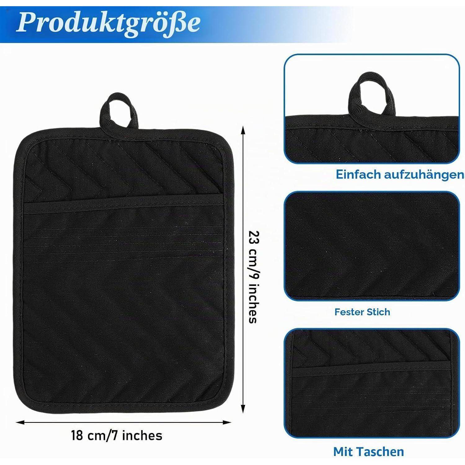 Schwarzer hängender Ofenhandschuh mit Tasche, gezeigt mit Produktgröße 23 cm x 18 cm und Detailausschnitten für Schlaufe, Nähte und Tasche.