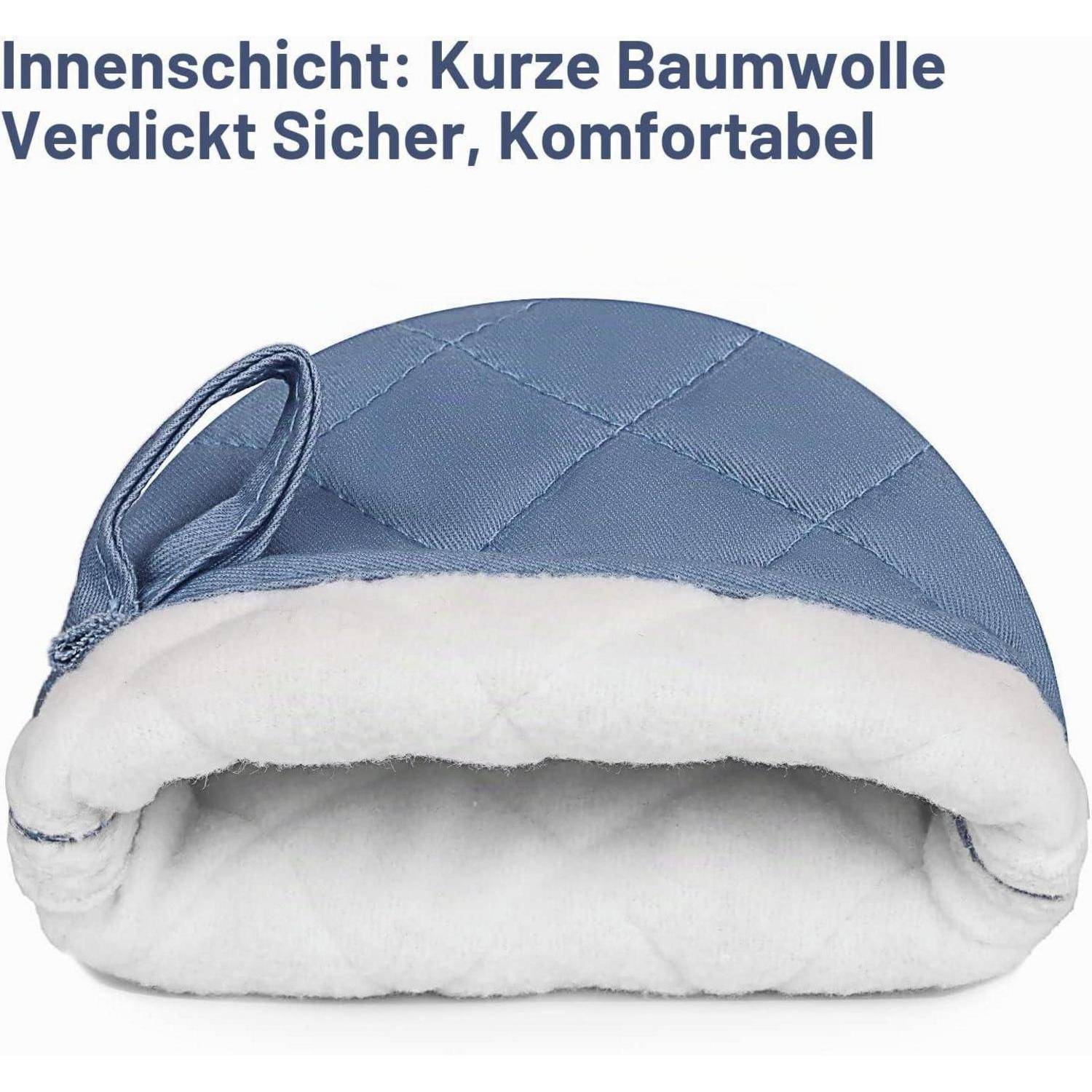 Blauer gesteppter Kapuzenpullover mit weißem Fleecefutter, offen dargestellt, um die weiche innere Schicht zu zeigen; Text sagt 