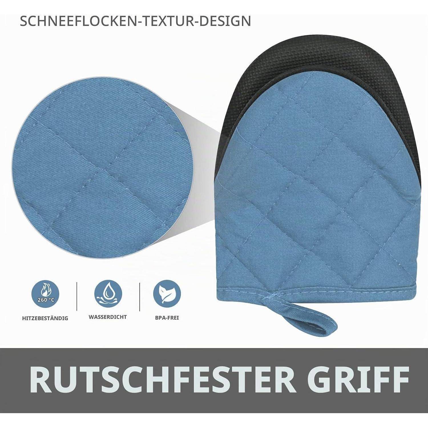 Blau gesteppte Ofenhandschuh mit schwarzem Bündchen und Aufhängeschlaufe, beschriftet mit „RUTSCHFESTER GRIFF