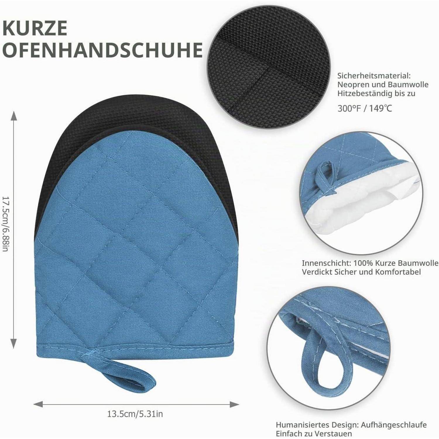 Blaue kurze Ofenhandschuh mit schwarzem wärmefestem Bündchen; gekennzeichnet mit 17,5 cm x 13,5 cm, 300°F/149°C sicher, baumwollgefüttert, mit Schlaufe zum Aufhängen.