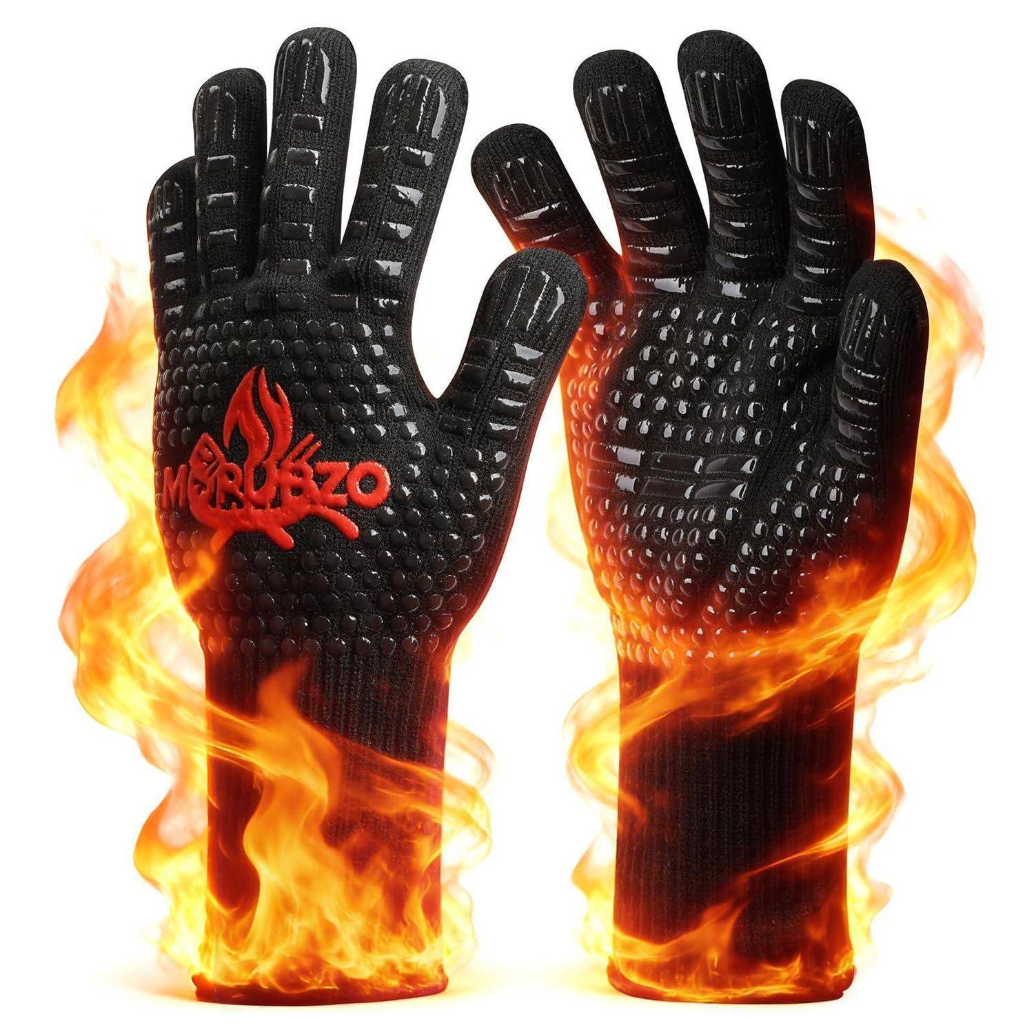 Schwarze hitzebeständige Handschuhe von vorne und hinten gezeigt, umgeben von Flammen, mit rotem 