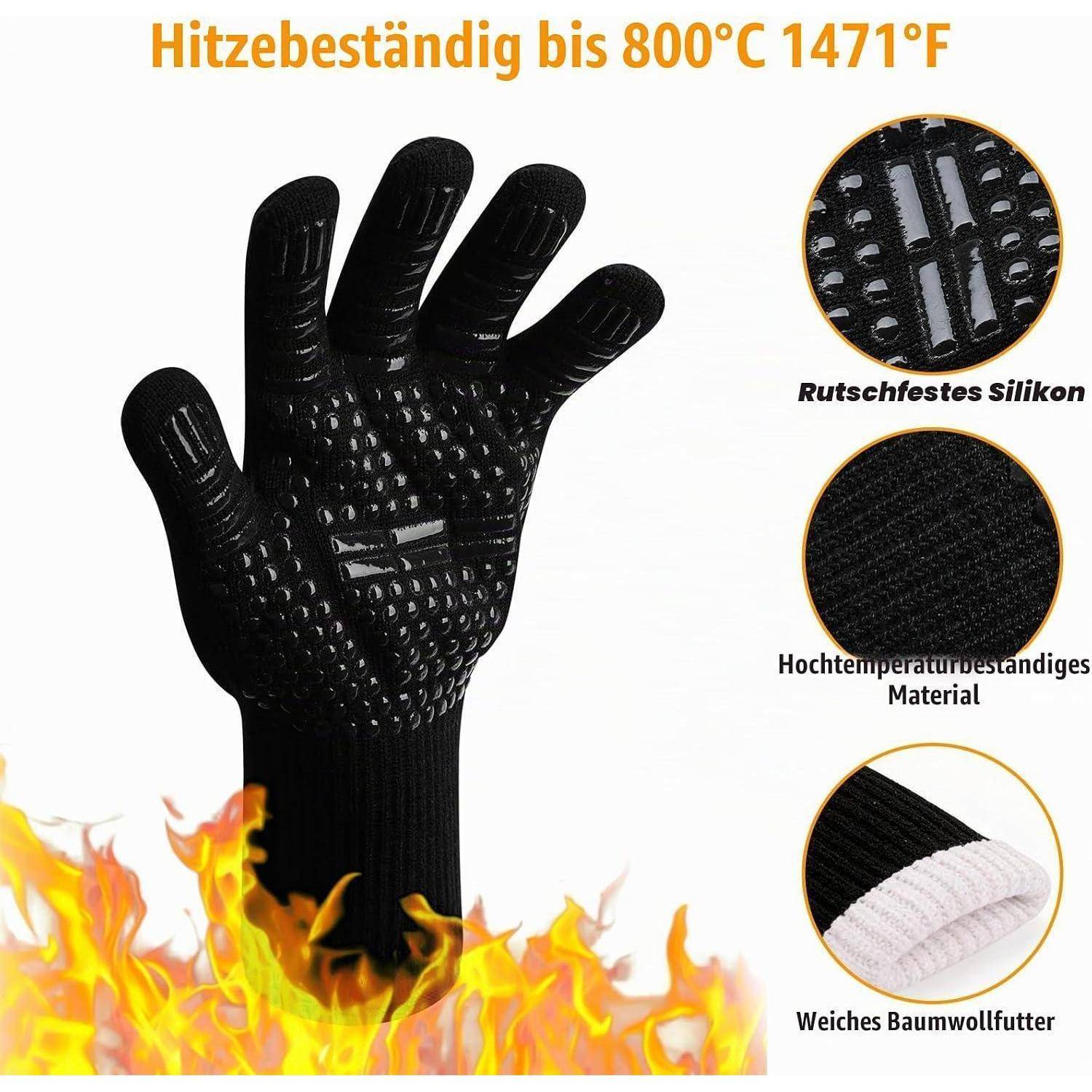Schwarzer hitzebeständiger Handschuh über Flammen gezeigt, mit Griffpunkten und Etiketten, die „Hitzebeständig bis 800°C 1471°F