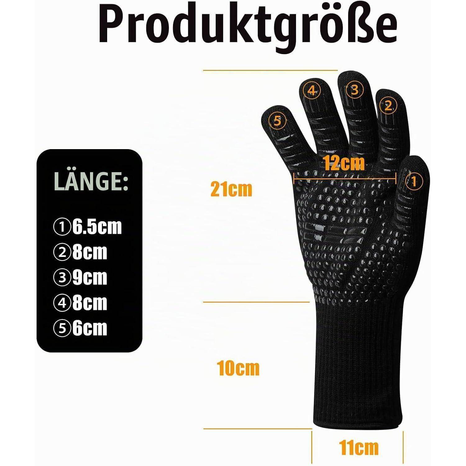 Handschuhgrößentabelle mit Produktabmessungen: Länge 21 cm, Handflächenbreite 12 cm, Stulpenbreite 11 cm und Fingerlängen 6,5, 8, 9, 8 und 6 cm.