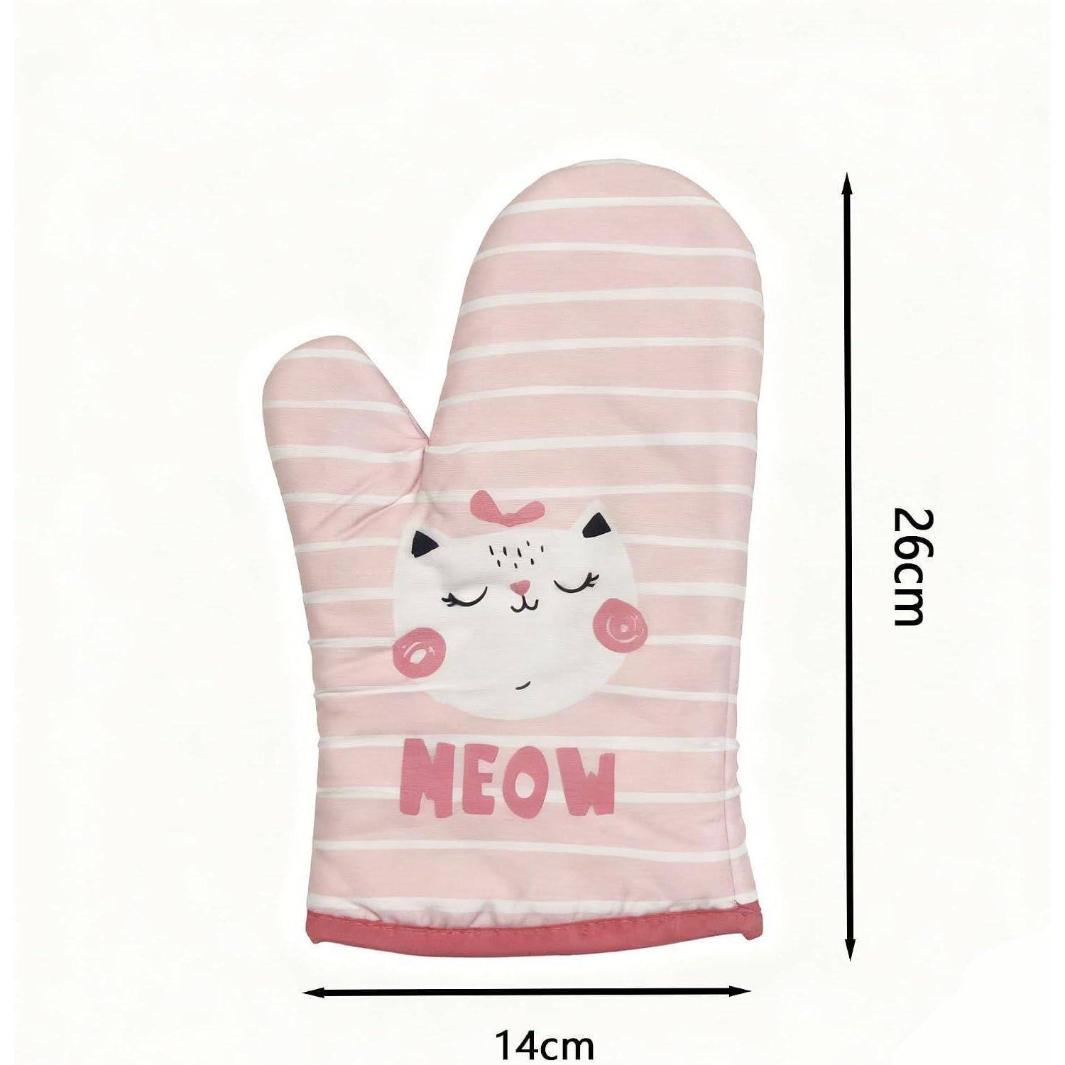Rosa gestreifter Katzenbaumwollhandschuh mit 'MEOW'-Text, gezeigt mit Abmessungen von 26 cm Höhe und 14 cm Breite.