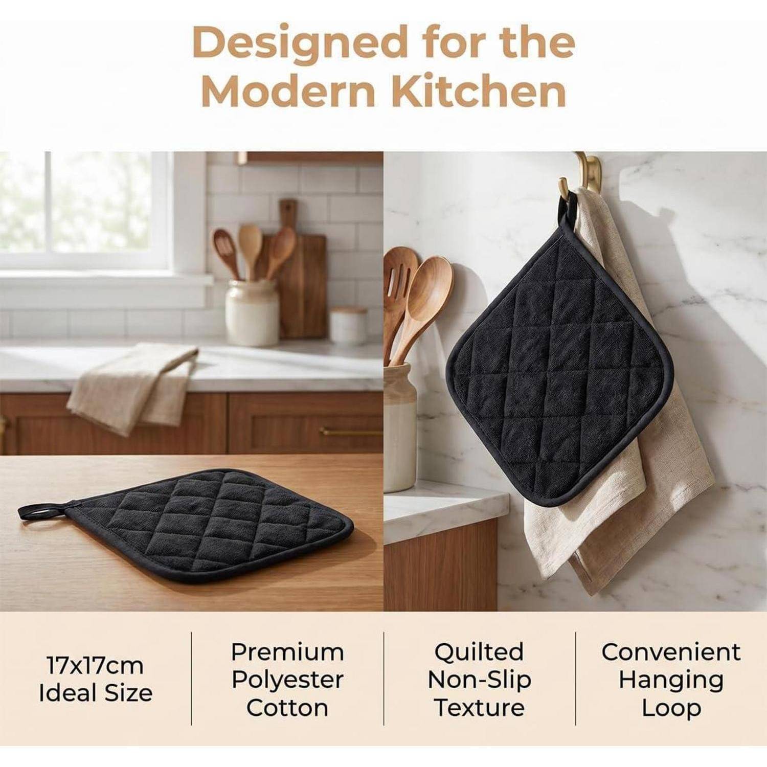 Werbebild eines schwarzen gesteppten Topflappens in einer modernen Küche mit dem Text „Designed for the Modern Kitchen