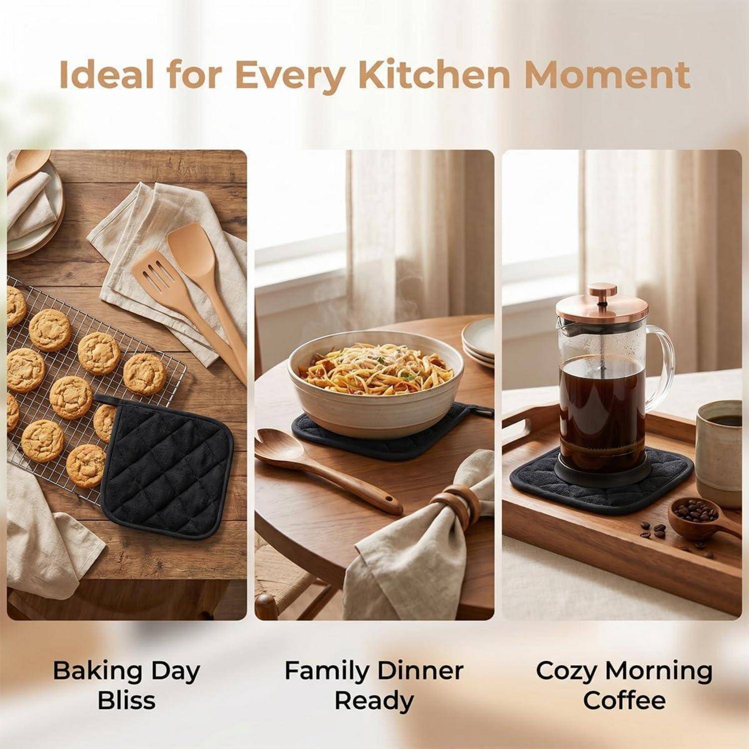 Dreiteiliges Küchen-Lifestyle-Collage mit den Beschriftungen „Baking Day Bliss