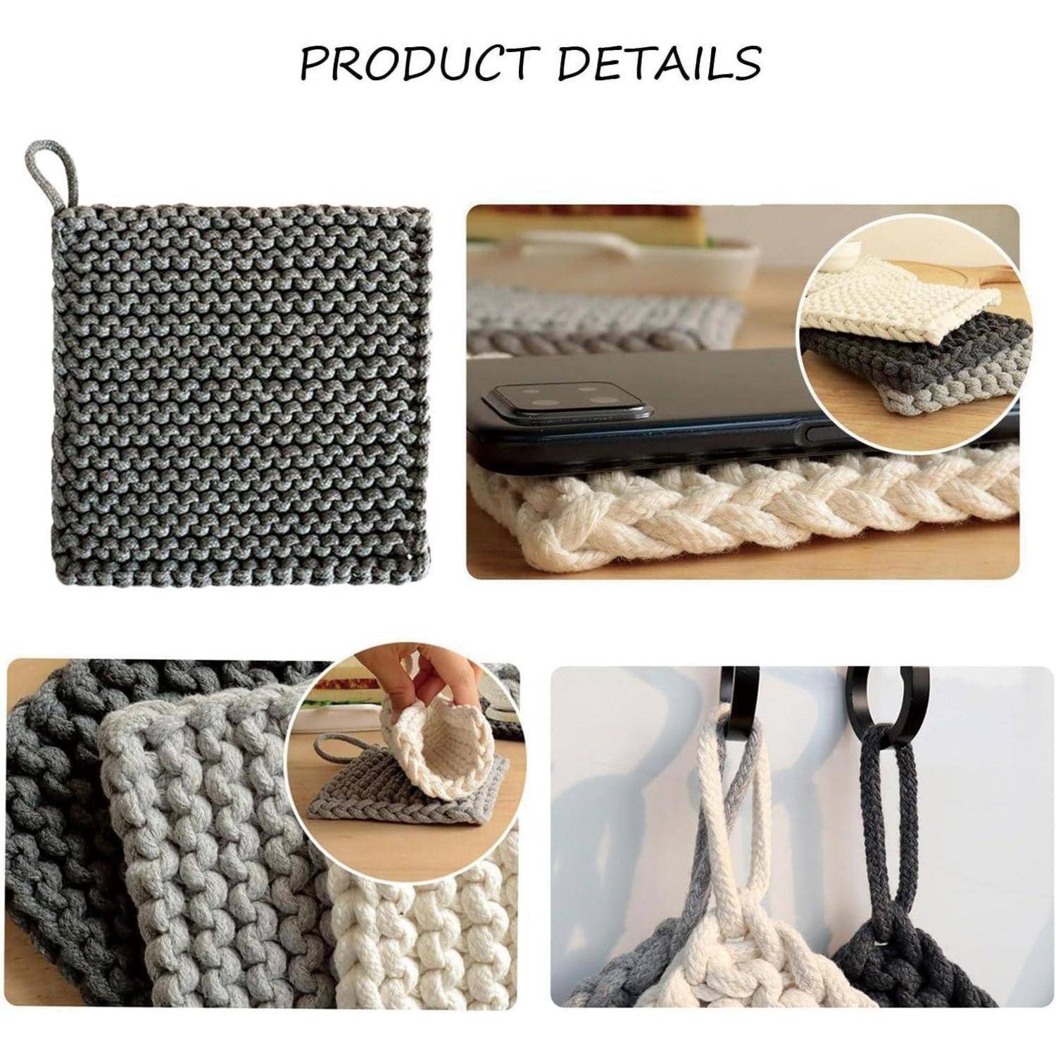 Produktdetails für eine dicke gestrickte Handytasche in Grau, gezeigt mit Nahaufnahmen der Textur, geschichteten Konstruktion und Aufhängeschleifen.