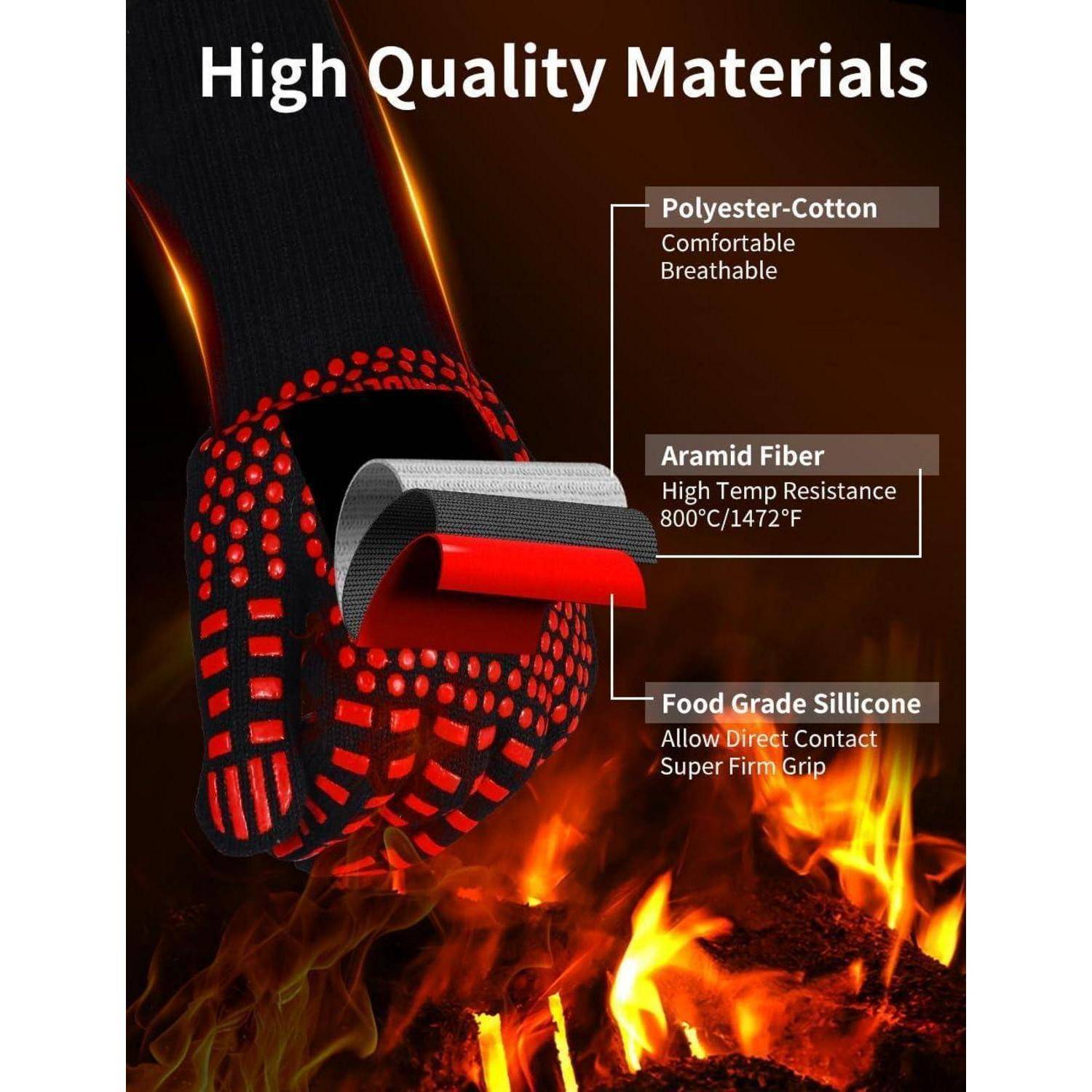 Werbegrafik eines hitzebeständigen Handschuhs mit geschichteten Materialien: Polyester-Baumwolle, Aramidfaser und lebensmittelechtes Silikon für sicheren Halt und Widerstandsfähigkeit bis 800°C/1472°F.