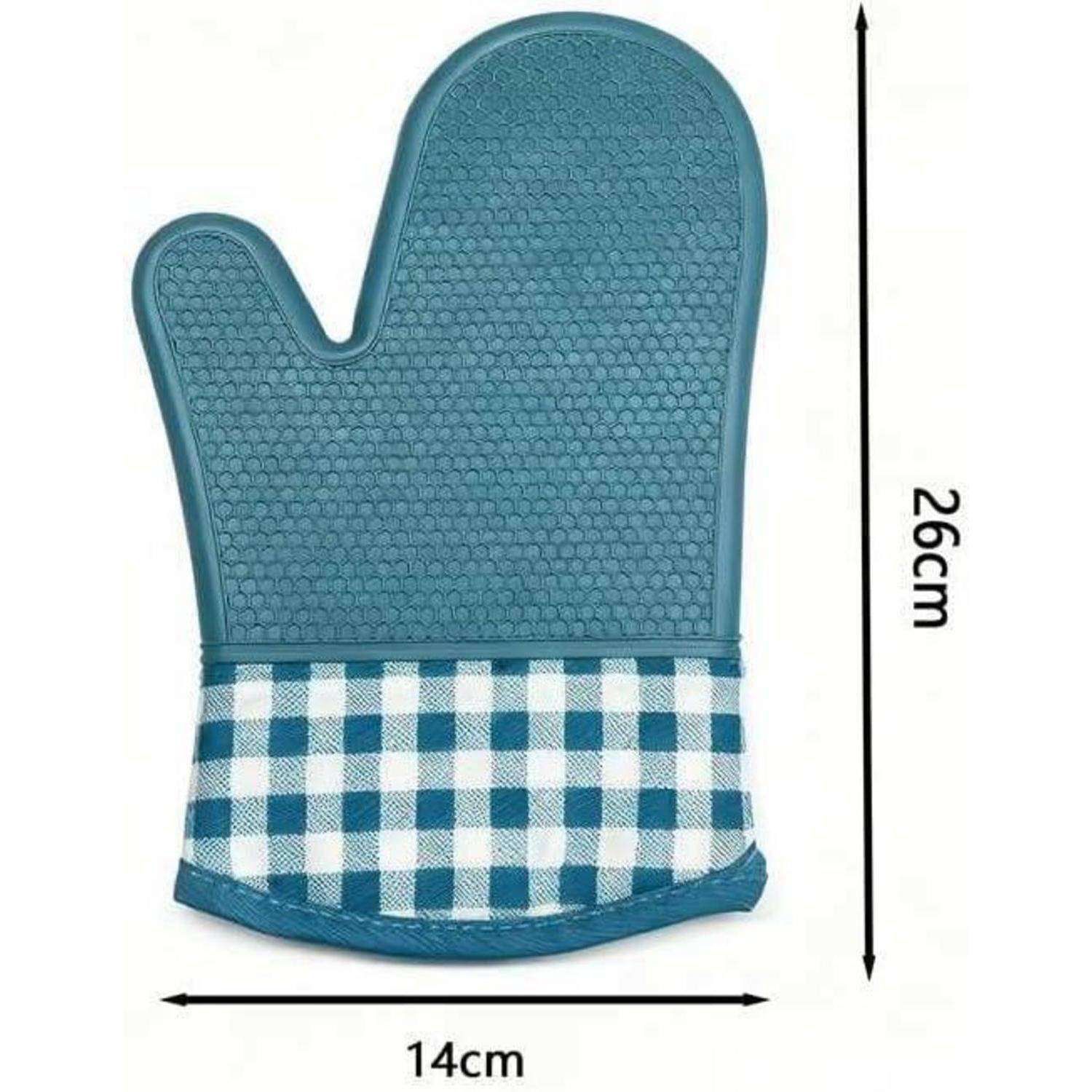 Teefarbener Ofenhandschuh mit karierter Manschette, gezeigt mit Abmessungen von 26 cm Höhe und 14 cm Breite.