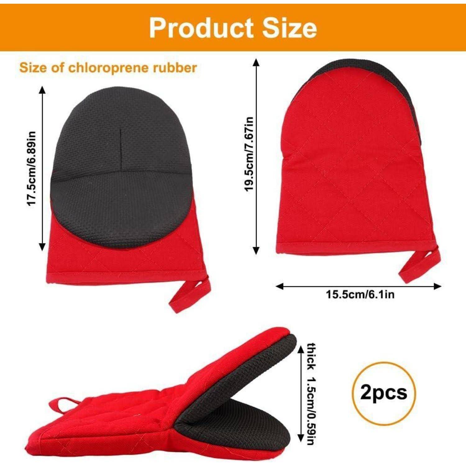 Produktgrößentabelle für einen rot-schwarzen Neopren-Fäustling-Handschuh mit zwei Ansichten, Abmessungen 17,5 cm x 6,8 Zoll und 19,5 cm x 7,67 Zoll, Dicke 1,5 cm, verkauft als 2 Stück.