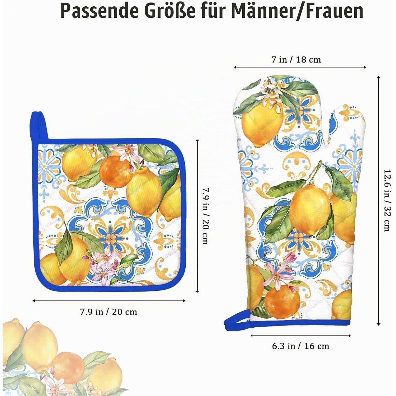 Illustration einer zitronenmusterten Ofenhandschuh und passenden Handschuh mit Größenangaben; der Titel sagt 