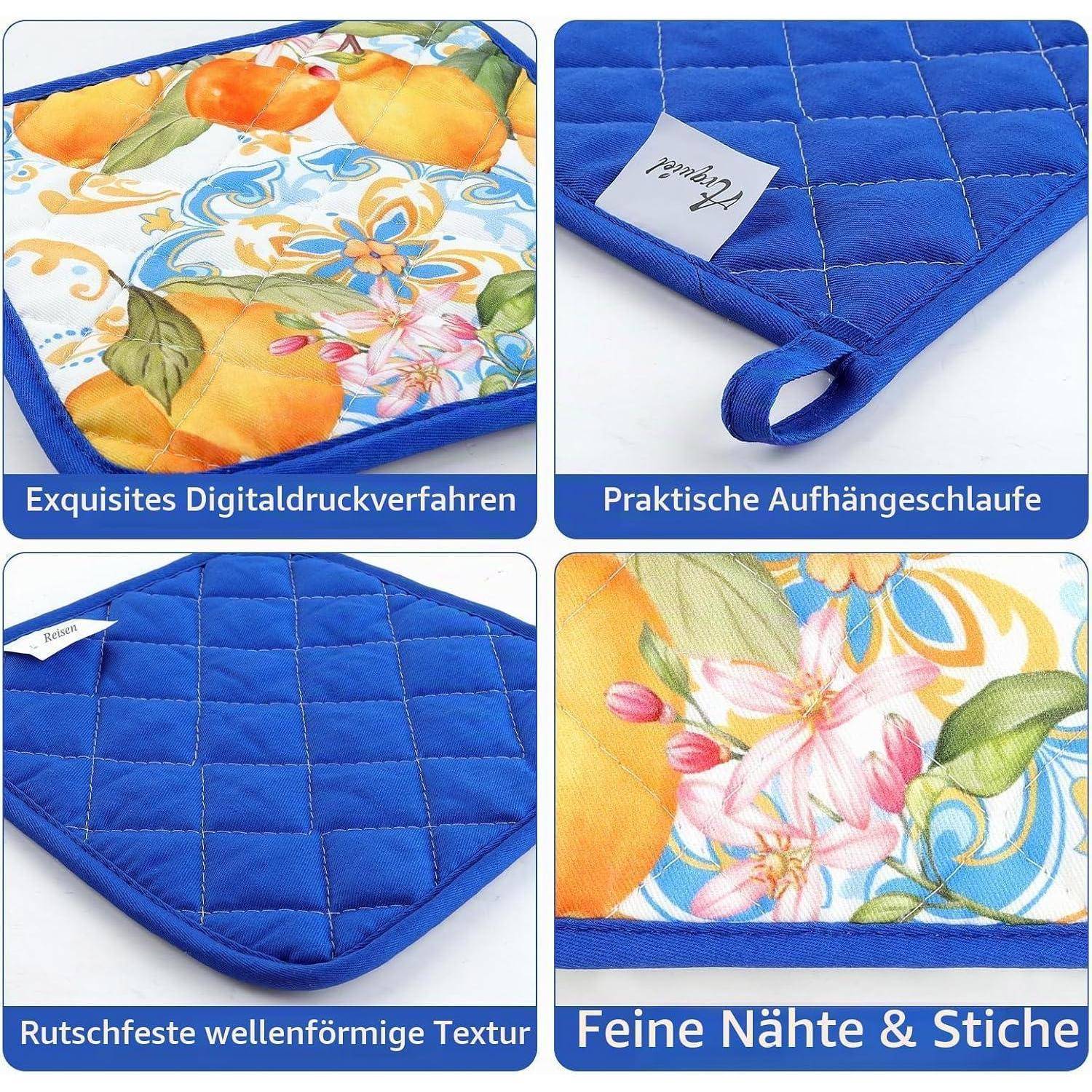 Blauer gesteppter Topflappen mit Blumenzitronendruck, Aufhängeschlaufe, rutschfeste Wellentextur und feines Nähen, gezeigt in vier Detailaufnahmen.