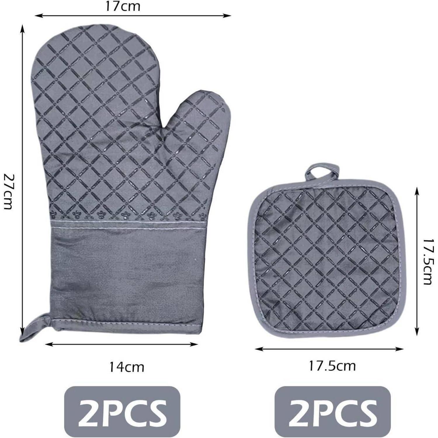 Graues gestepptes Ofenhandschuh- und passendes Topflappen-Set, mit Abmessungen dargestellt: Handschuh 27 x 17 x 14 cm; Halter 17,5 x 17,5 cm. '2 STÜCK' für jeweils gezeigt.
