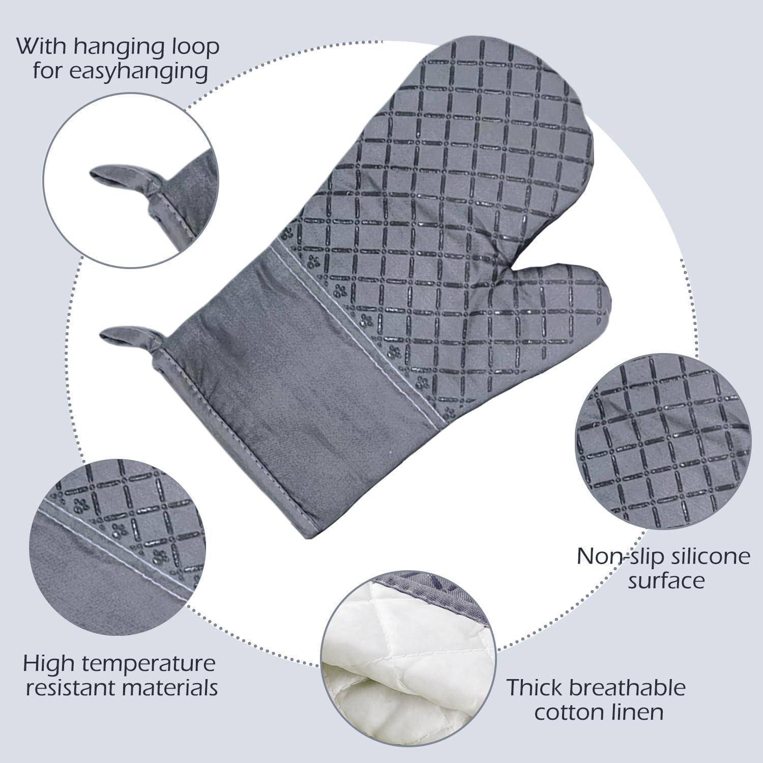 Illustrierter grauer Ofenhandschuh mit Aufhängeschlaufe, rutschfeste Silikonoberfläche, hitzebeständige Materialien und dicke atmungsaktive Baumwollauskleidung.