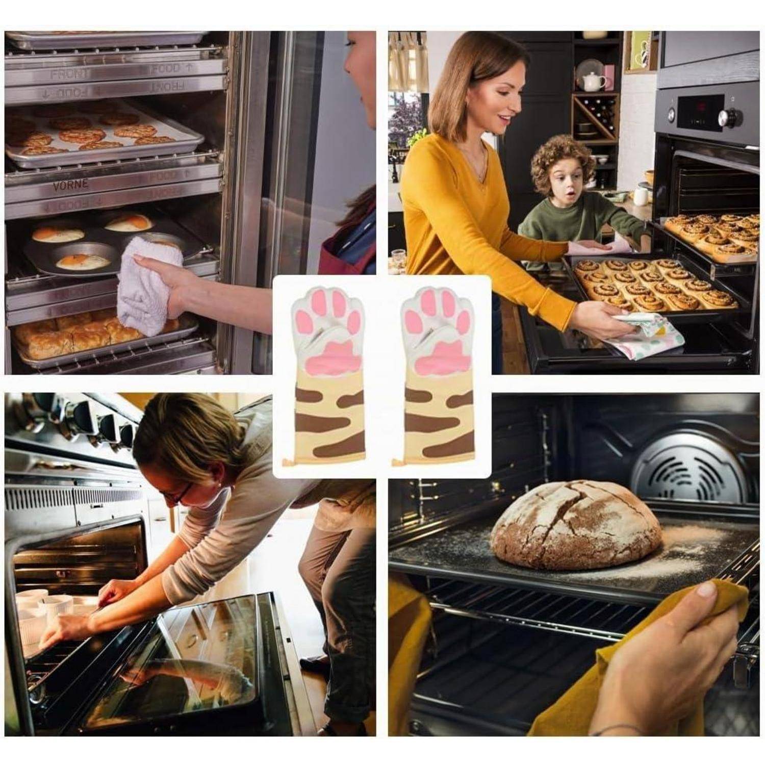 Collage von Menschen, die einen Ofen zum Backen nutzen und Lebensmittel überprüfen, mit einem Paar illustrierter Ofenhandschuhe in der Mitte.