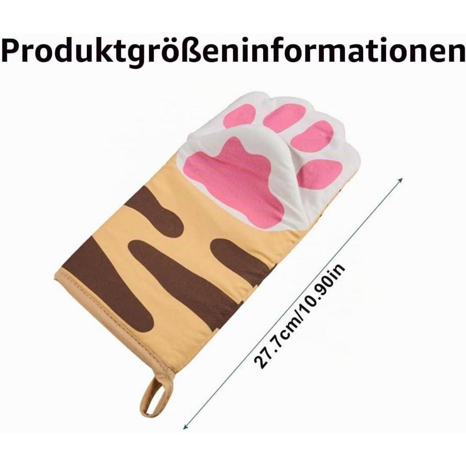Illustration einer Ofenhandschuh in Form einer Eistüte, mit der Bezeichnung 'Produktgrößeninformationen', mit einer Länge von 27,7 cm/10,90 Zoll.
