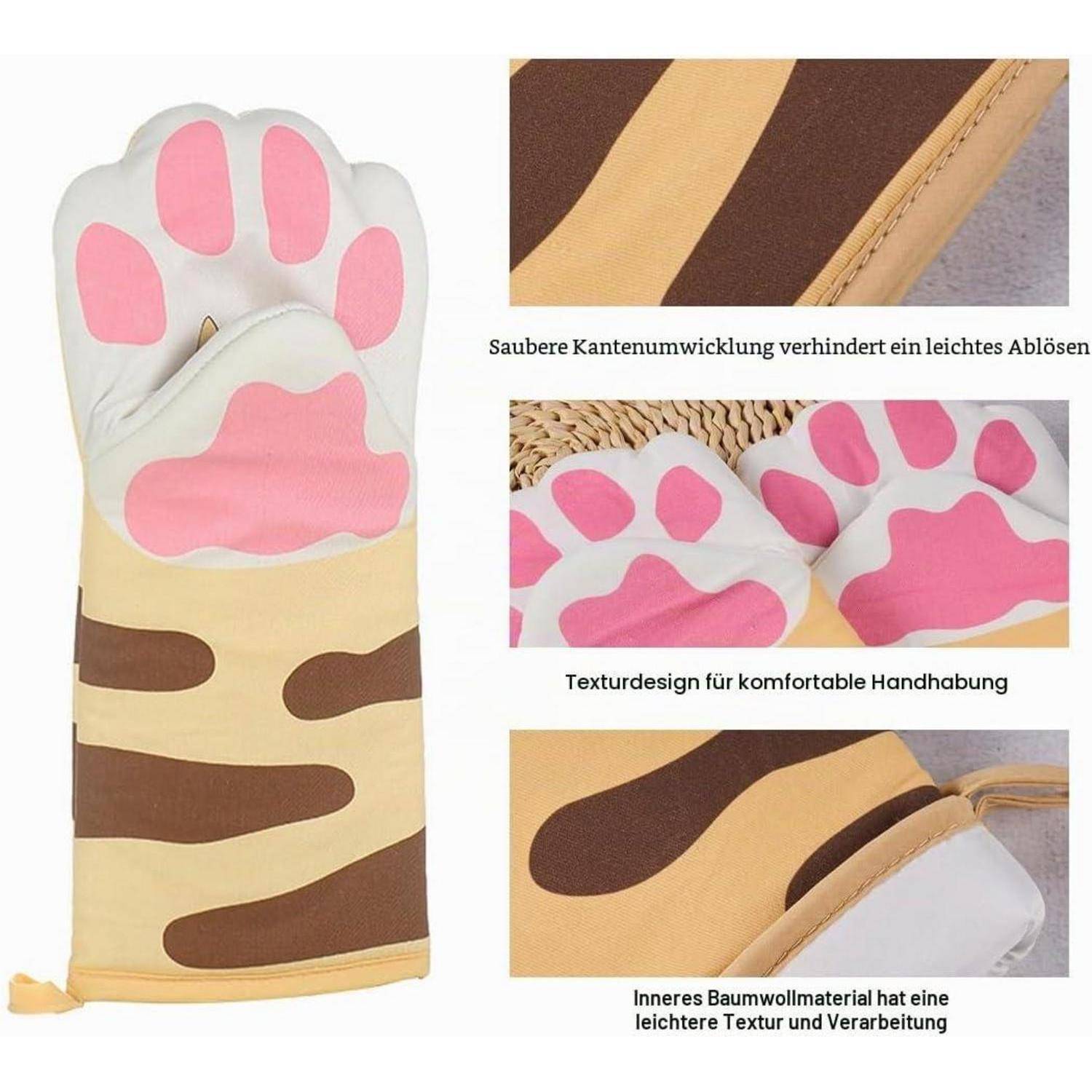 Illustrierter Tier-Pfoten-Ofenhandschuh mit rosa Pfotendruck-Design, gezeigt mit Nahaufnahmen, die gesäumte Kanten, strukturierte Griffigkeit und Baumwollfutter hervorheben.